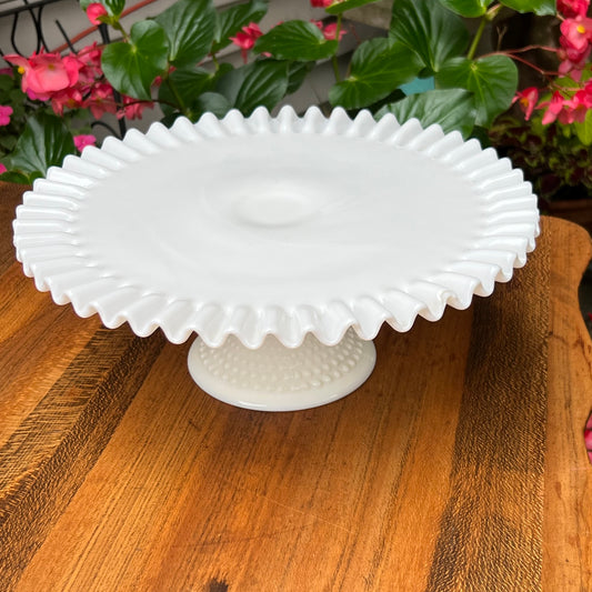 Vintage Fenton Hob Nail Milk Glass Pedestal Cake Stand