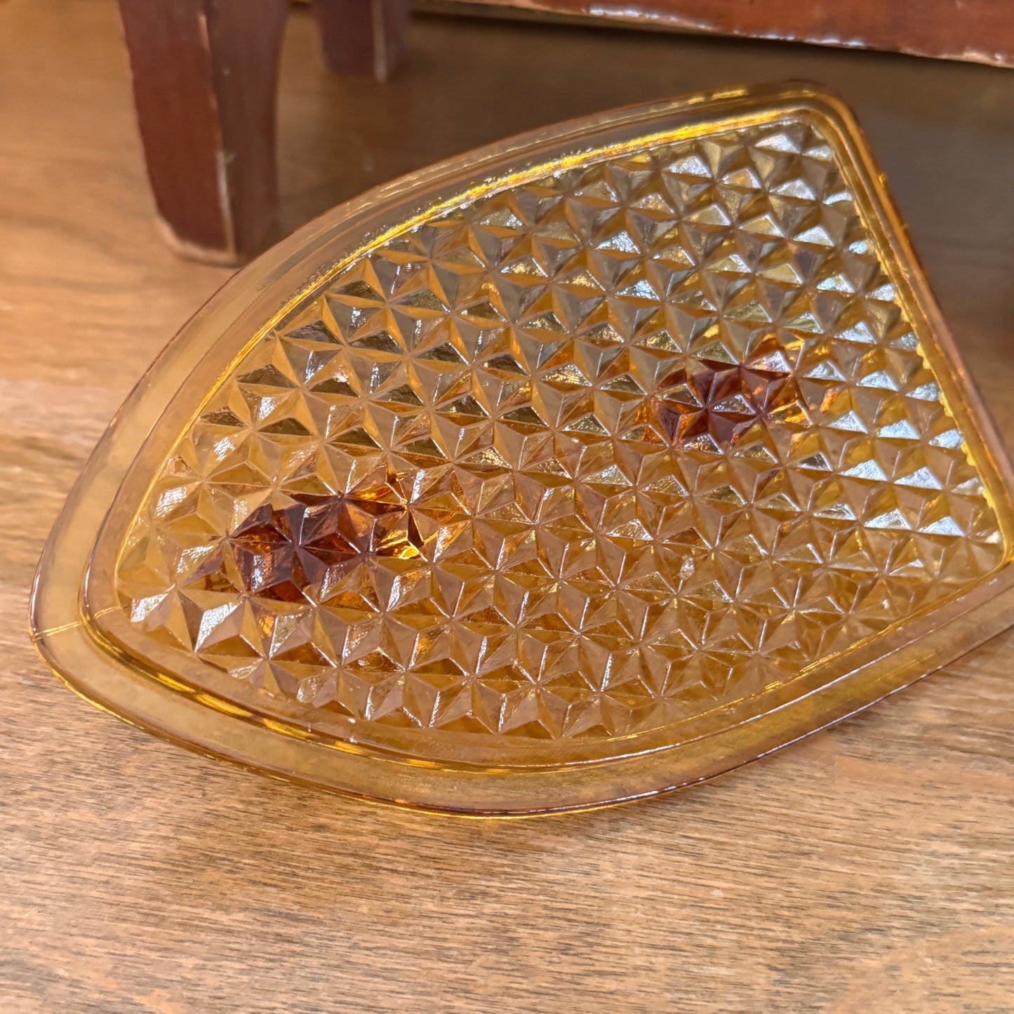 Vintage L.G. Wright Amber Hued Lidded Flat Iron Depression Glass Candy Dish