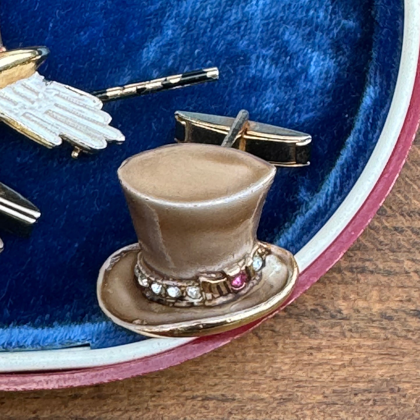 Vintage BSK My Fair Lady Rhinestone Top Hat Pin & Cuff Links Rhinestone Set