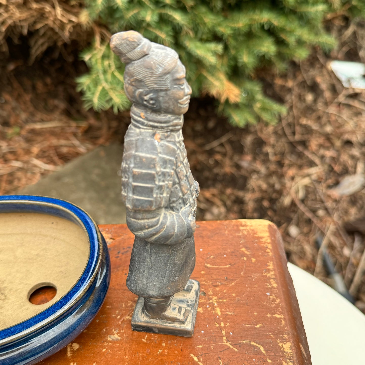 Japanese Oval Blue & White Bonsai Planter, Bonsai Postcard Book & Chinese Terracotta Clay Warrior