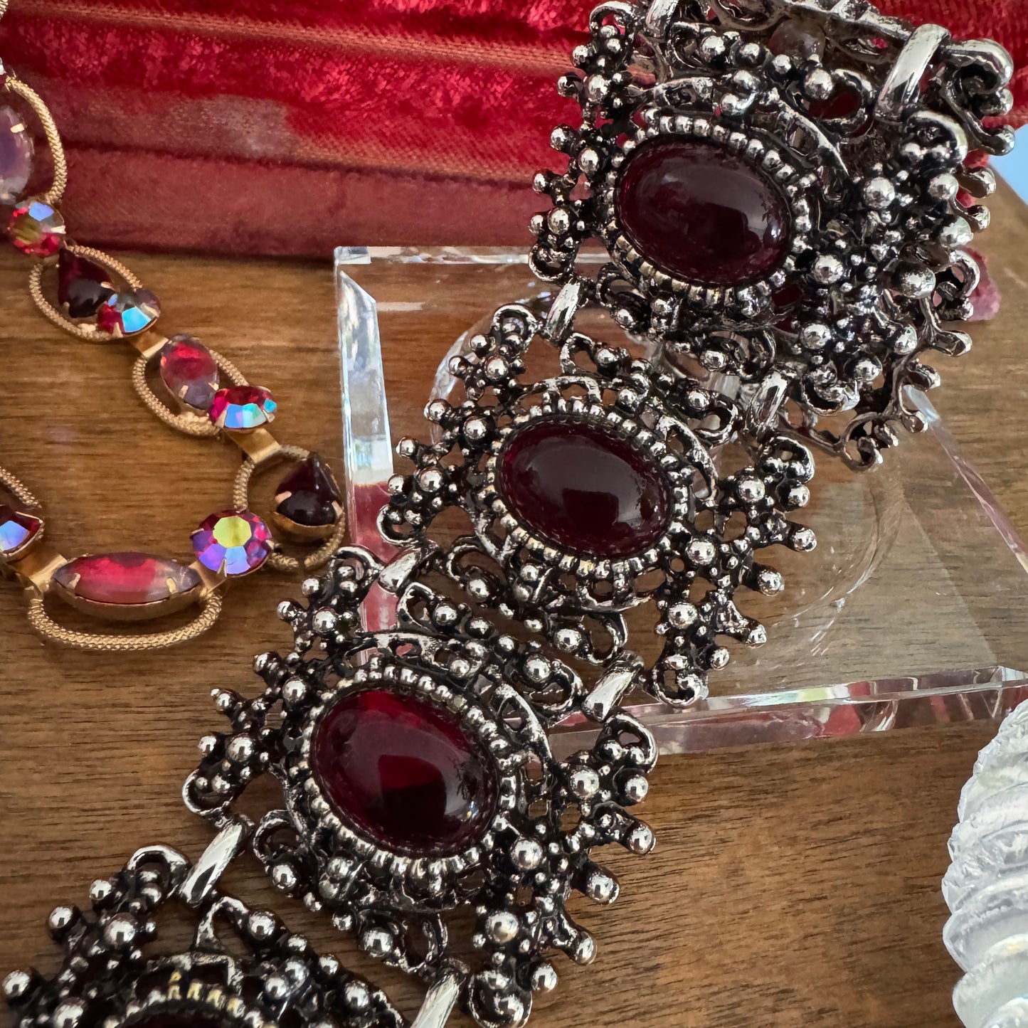 Vintage Red Glass Cabochon Antique Silver Linked Bracelet