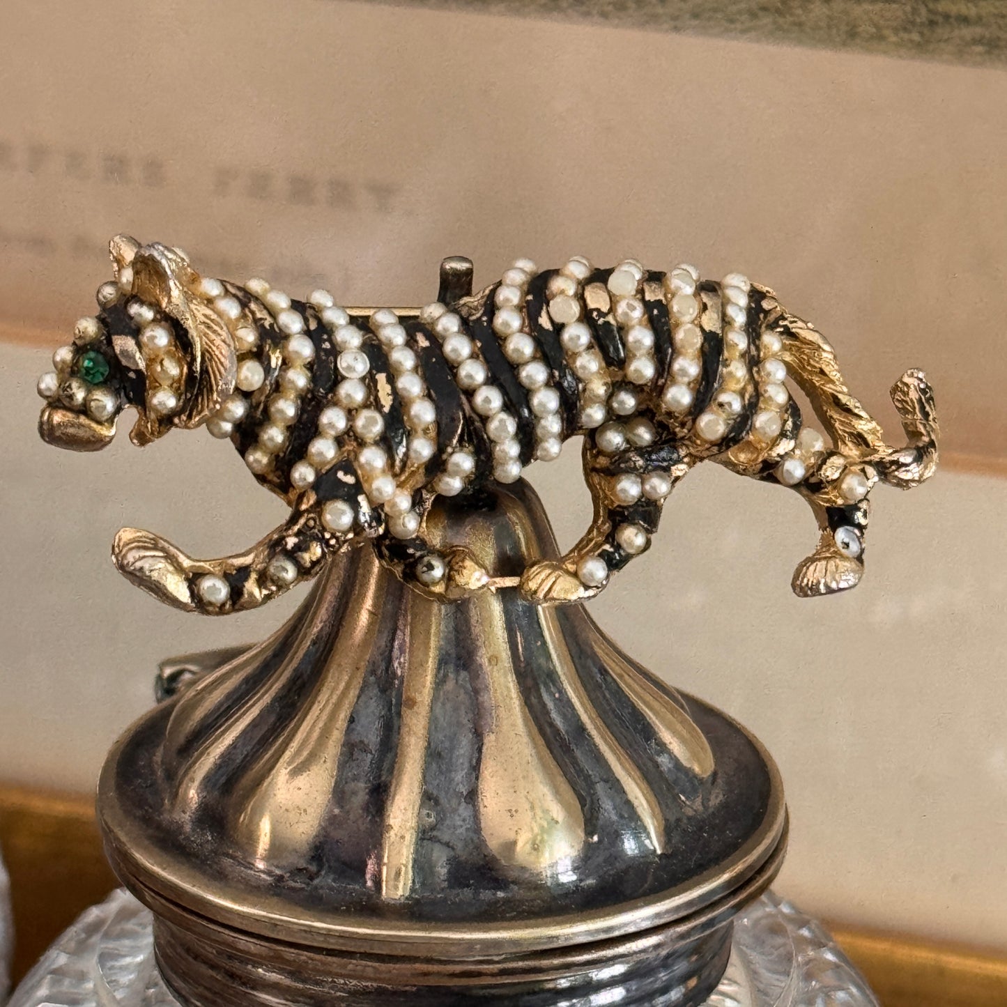 Vintage Faux Pearl and Black Enamel Tiger Pin