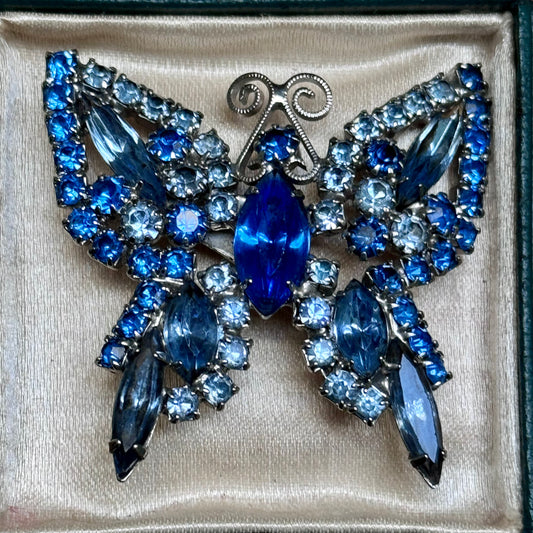 Vintage Juliana D & E Stylized Blue Rhinestone Butterfly Pin