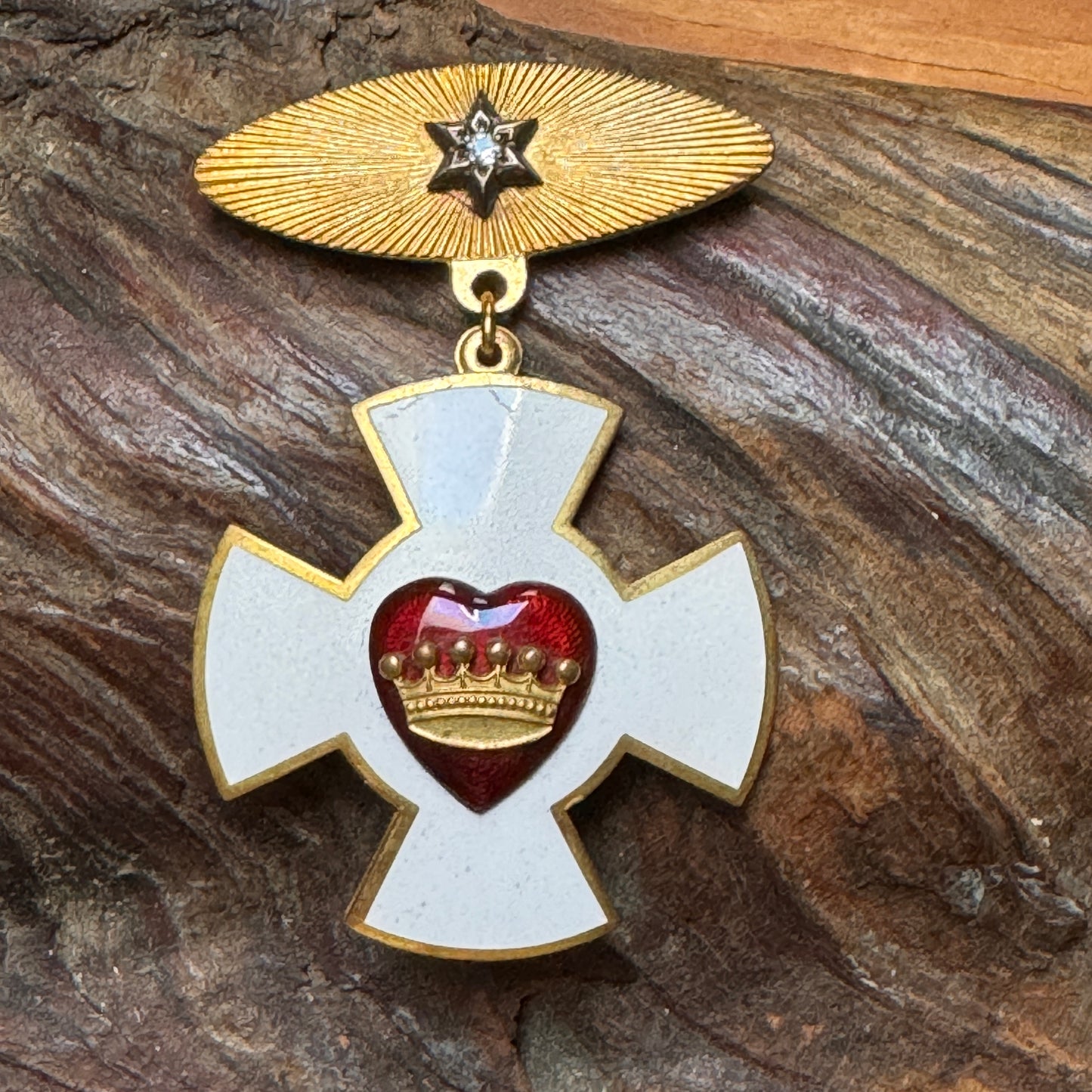 Antique Rebekah Lodge Patriarchs Chivalryn IOOF Brass Enamel Pin & Case