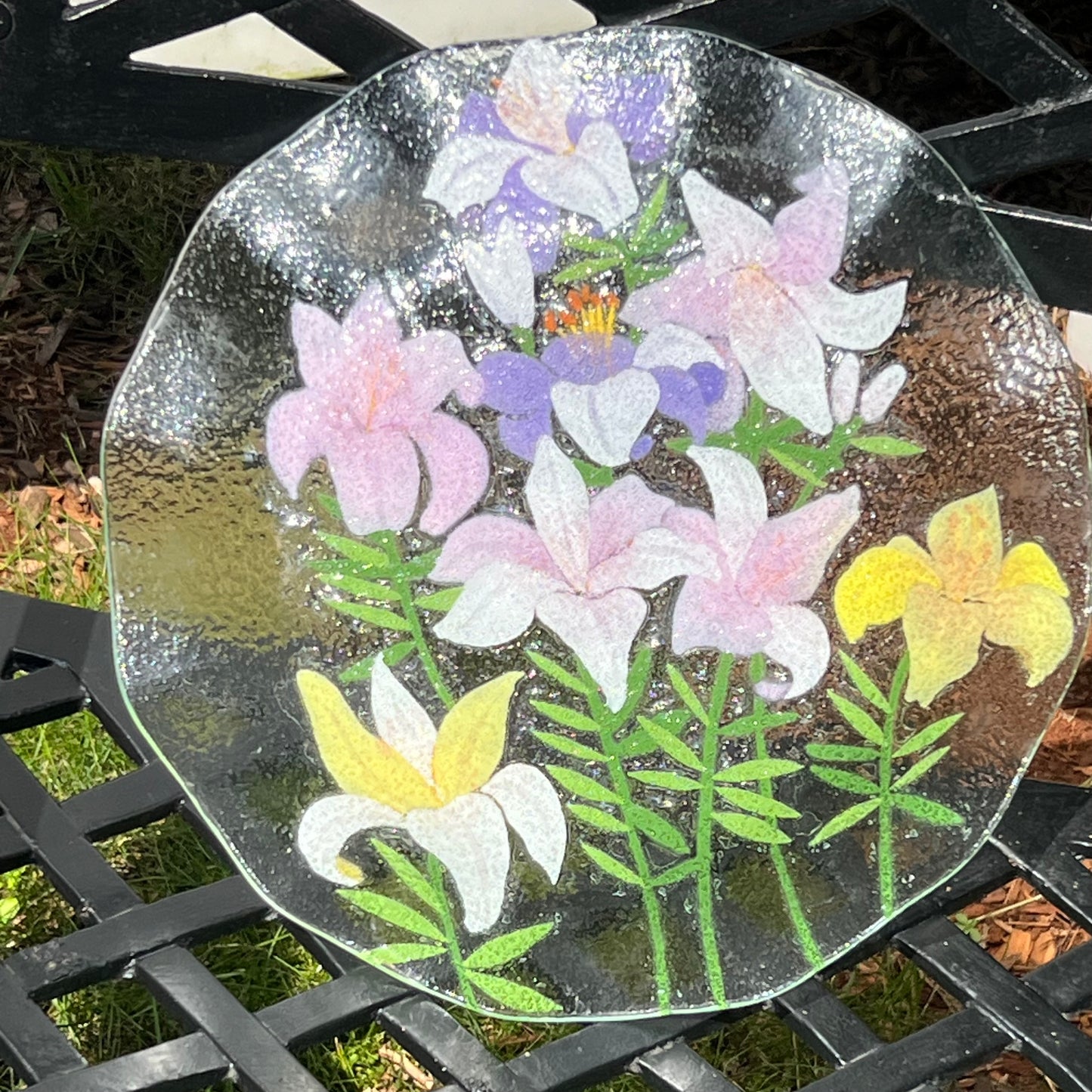 Fused Art Glass Lillies Ruffled Edge Round Serving Plate