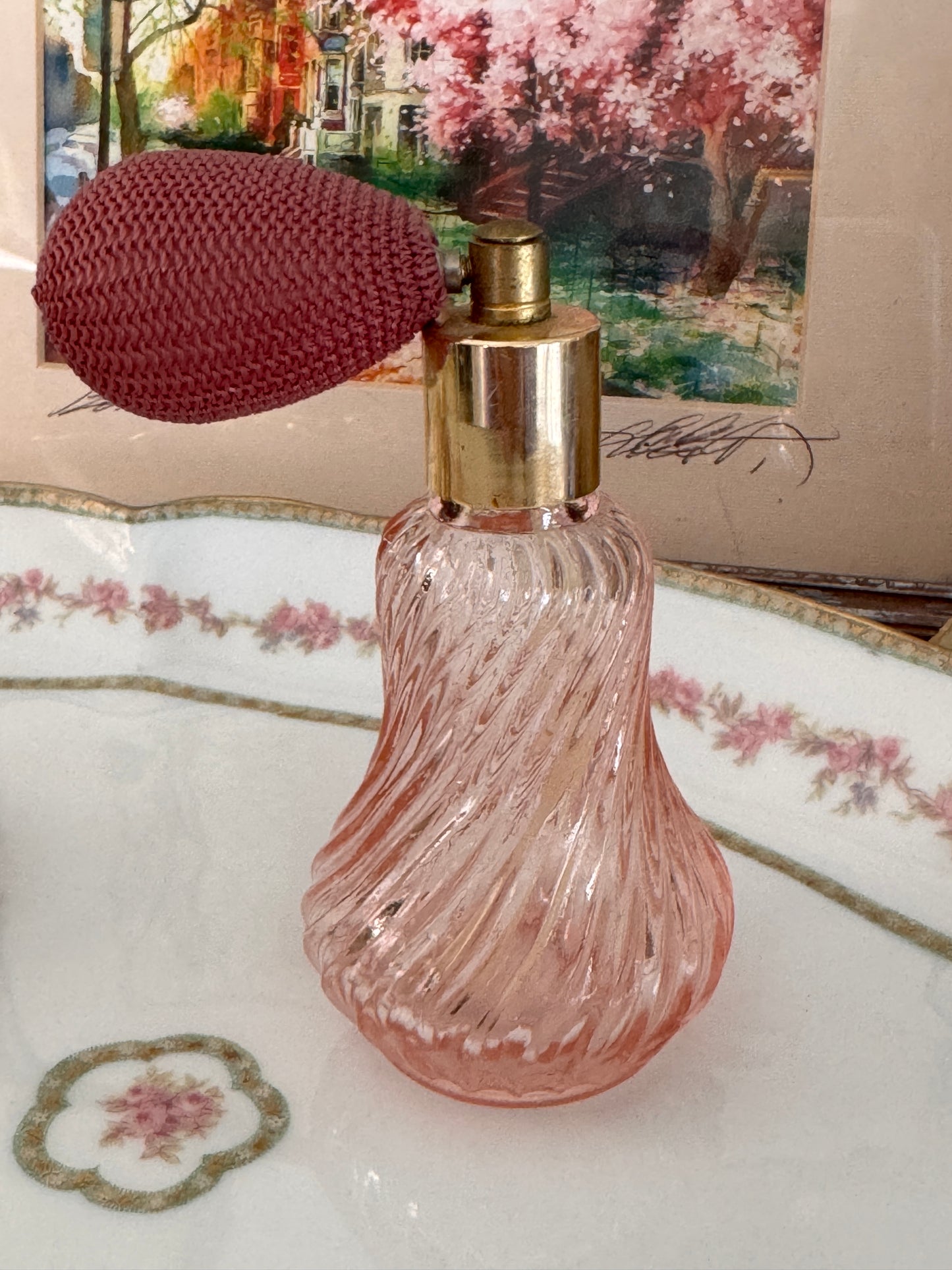 Vintage Pink Swirled Glass Perfume Atomizer Bottle