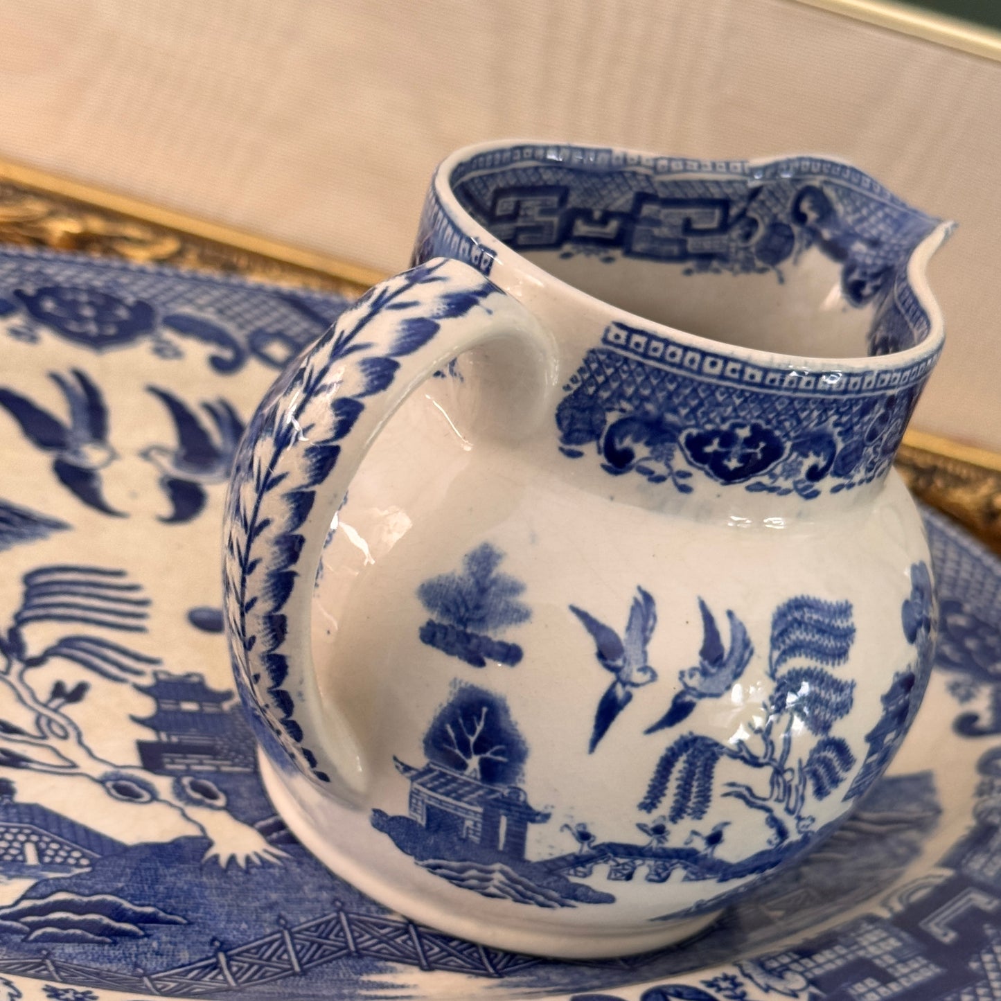 Two Canton Blue Willow Japanese Oval Serving Plates & Ridgways English Creamer