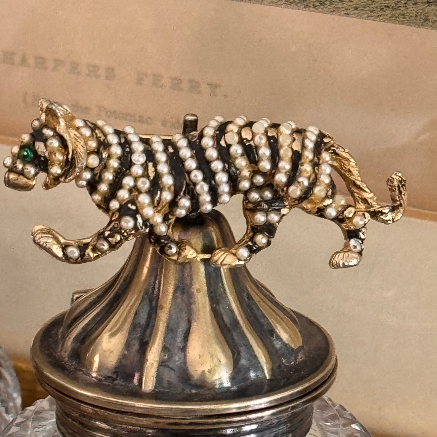 Vintage Faux Pearl and Black Enamel Tiger Pin