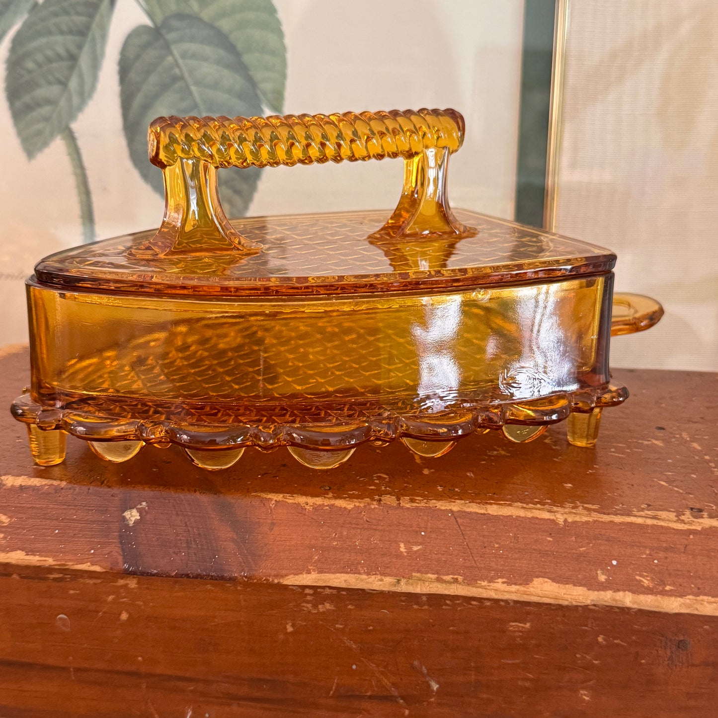 Vintage L.G. Wright Amber Hued Lidded Flat Iron Depression Glass Candy Dish