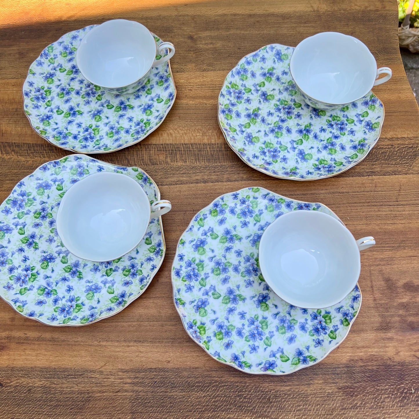 4 Vintage Lefton Hand Painted Bone China Violet Chintz Cup & Snack Plate Sets