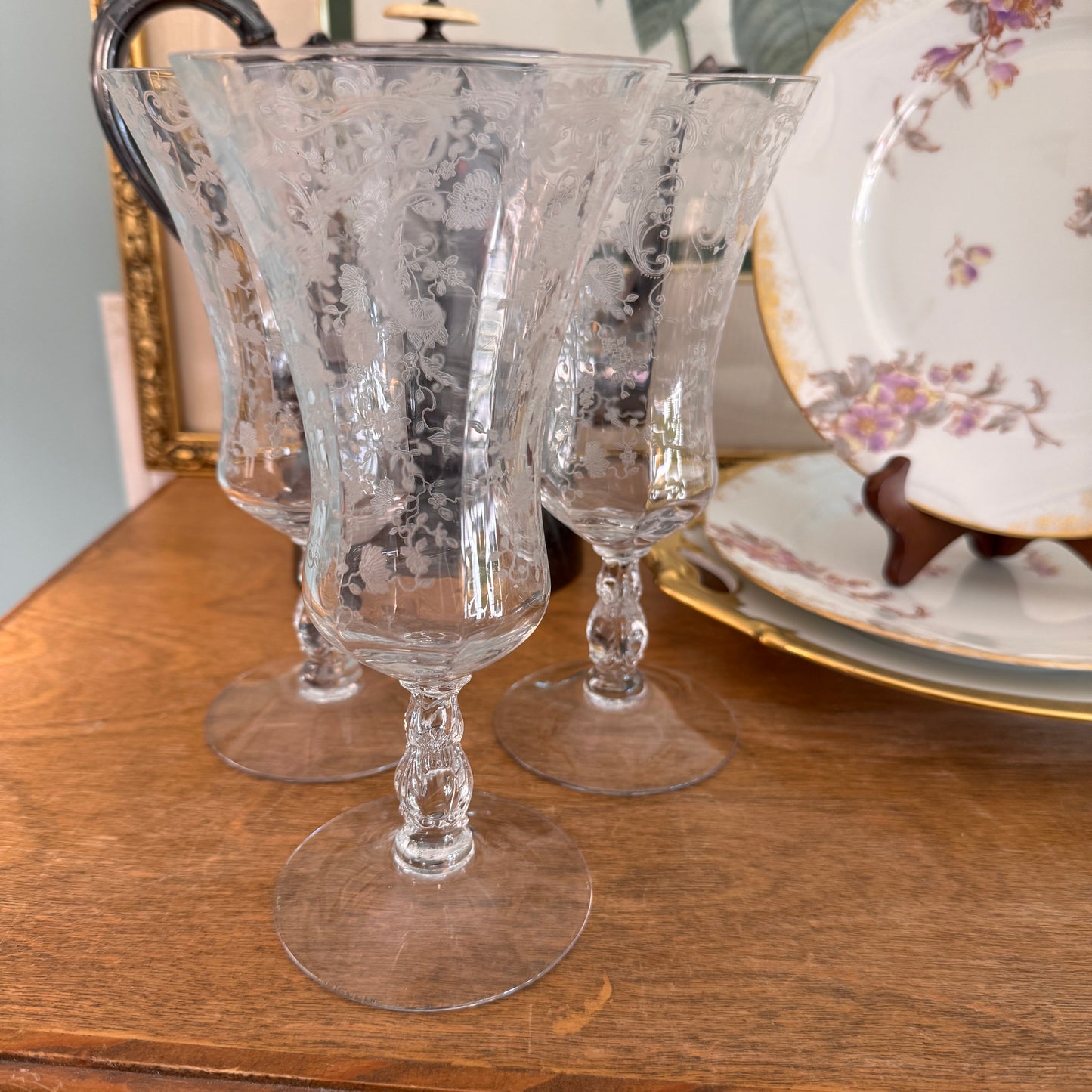 Three Cambridge Chantilly Crystal Water Goblets