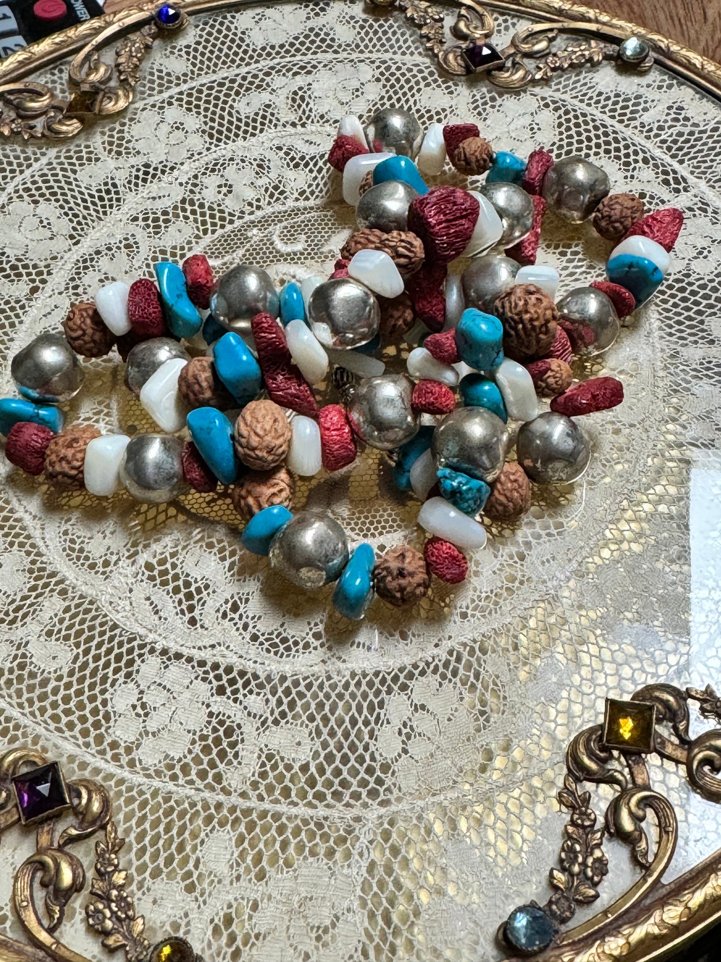 Vintage Turquoise, Red Branch Coral, Mother of Pearl, Silver & Nut Bead Necklace
