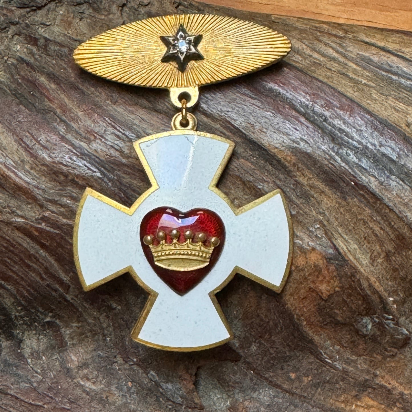 Antique Rebekah Lodge Patriarchs Chivalryn IOOF Brass Enamel Pin & Case