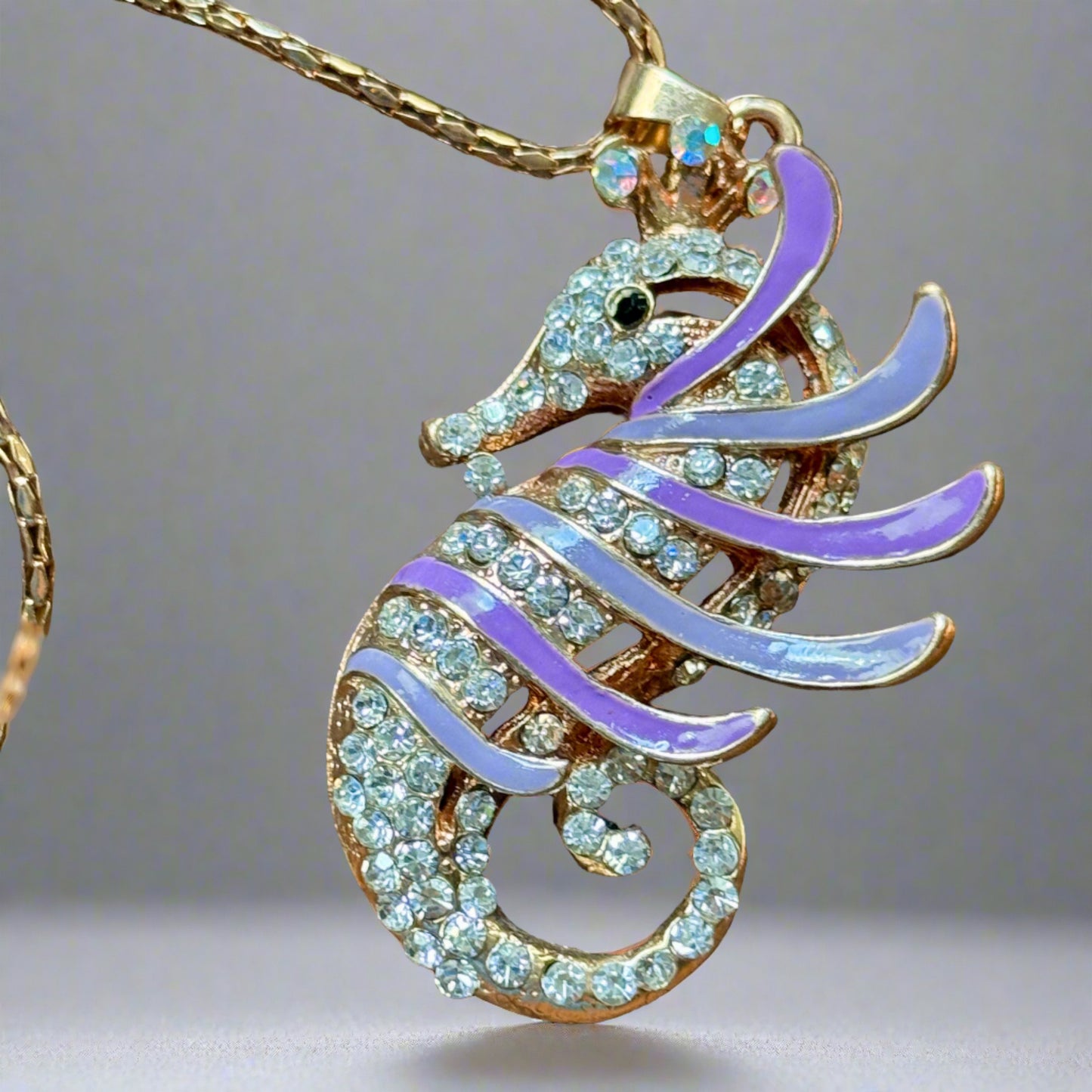 Betsy Johnson Lavender Enamel & Rhinestone Seahorse Pendant Necklace