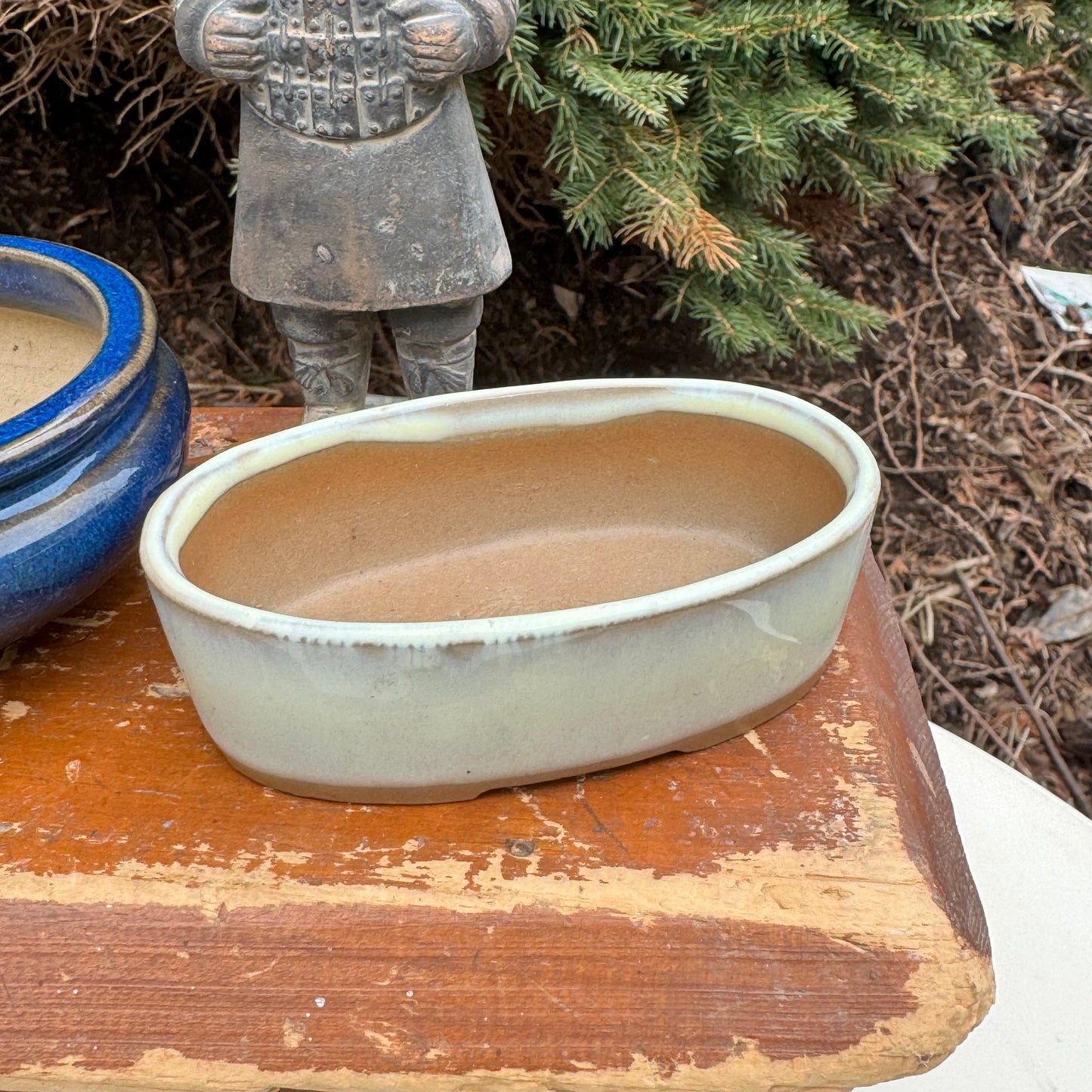 Japanese Oval Blue & White Bonsai Planter, Bonsai Postcard Book & Chinese Terracotta Clay Warrior