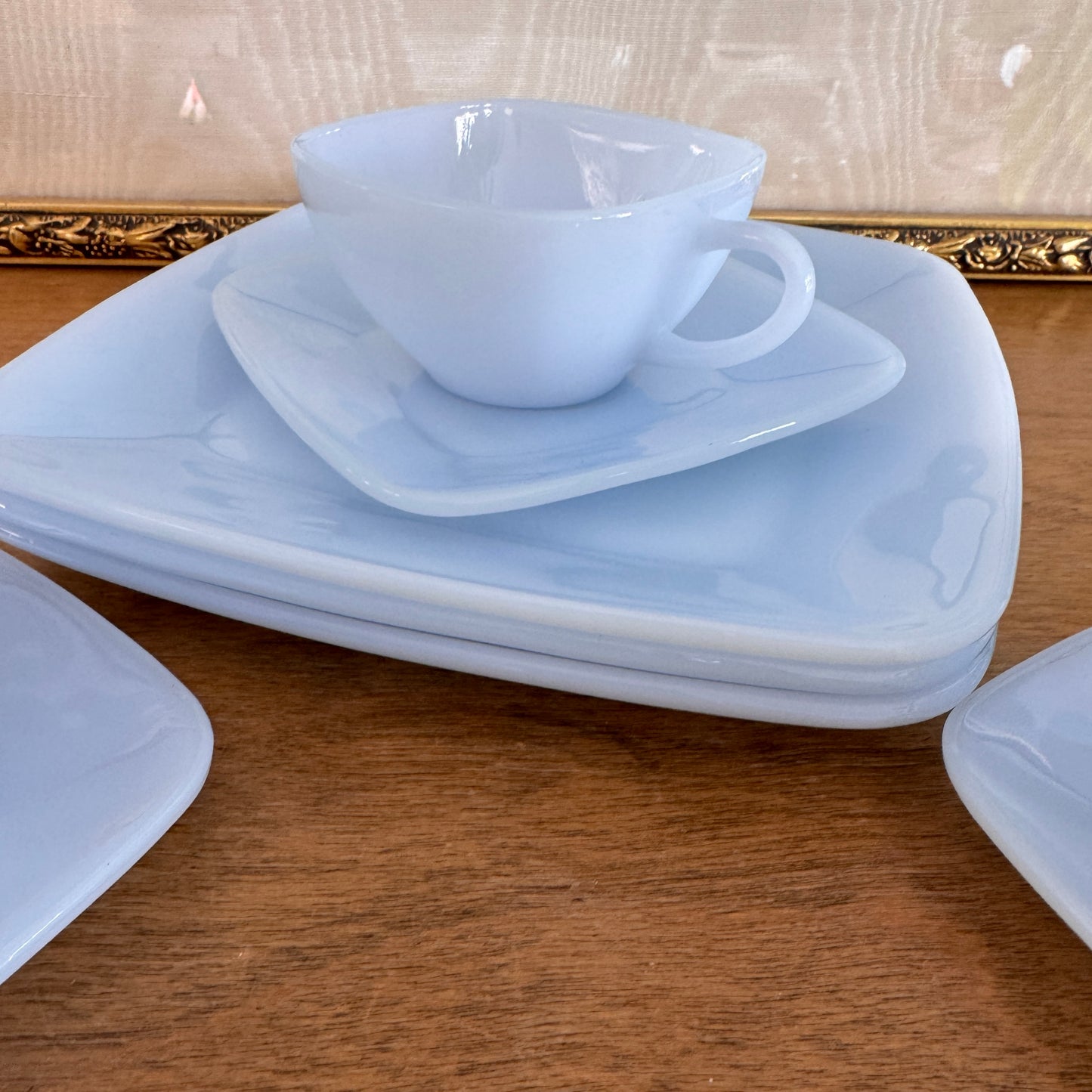 MCM Fire King Blue Azurite Three Tea Cups, Saucers and Salad Plates