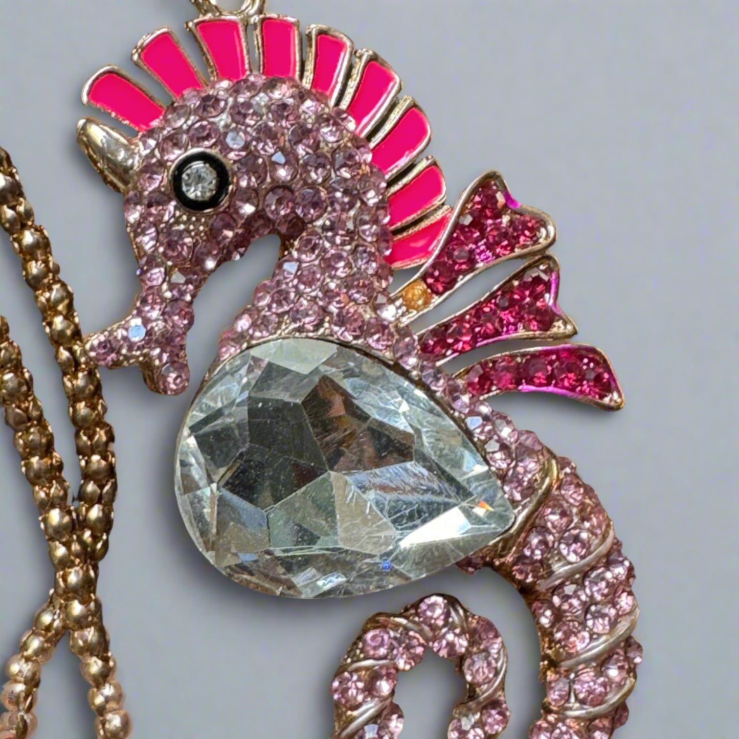 Betsy Johnson Pink Enamel Rhinestone Seahorse Pendant Necklace