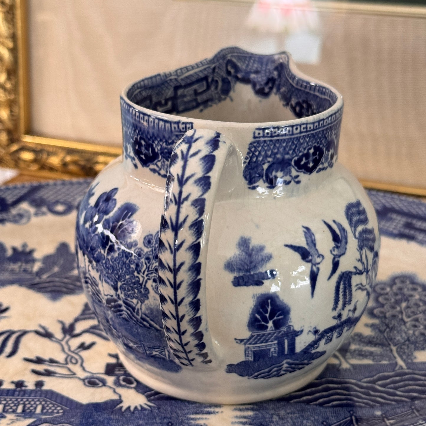 Two Canton Blue Willow Japanese Oval Serving Plates & Ridgways English Creamer