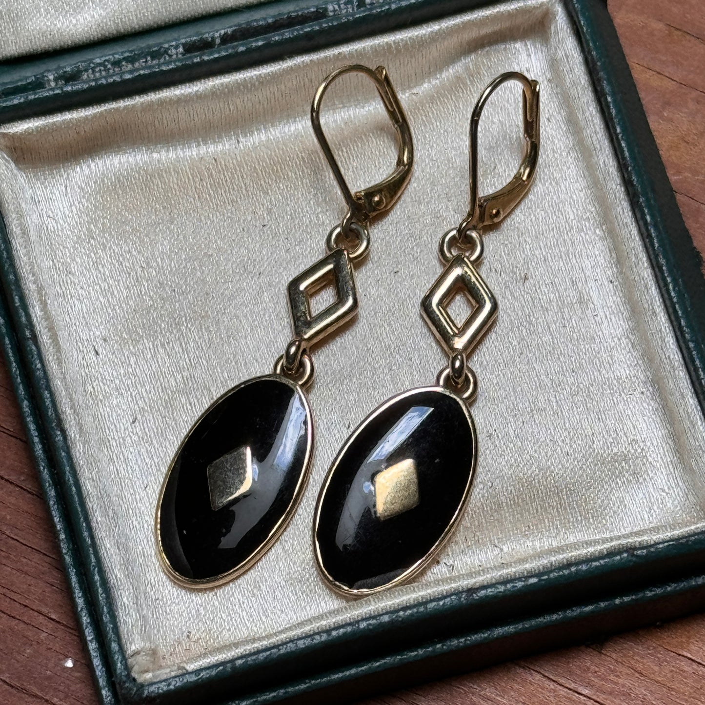 Vintage Ralph Lauren Geometric Black Enamel Gold Lever Back Dangling Earrings