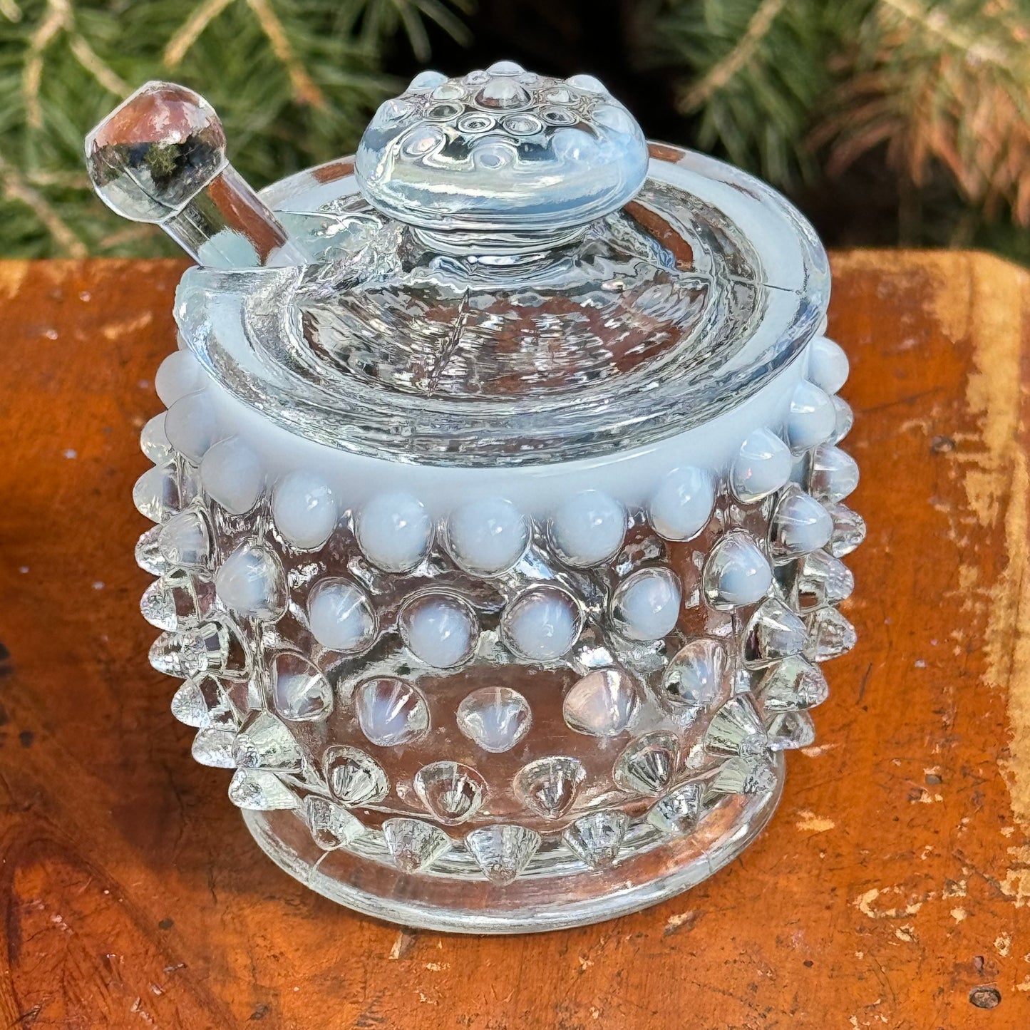 Fenton Hobnail Opalescent Moonstone Covered Jam, Jelly Jar or Mustard Jar