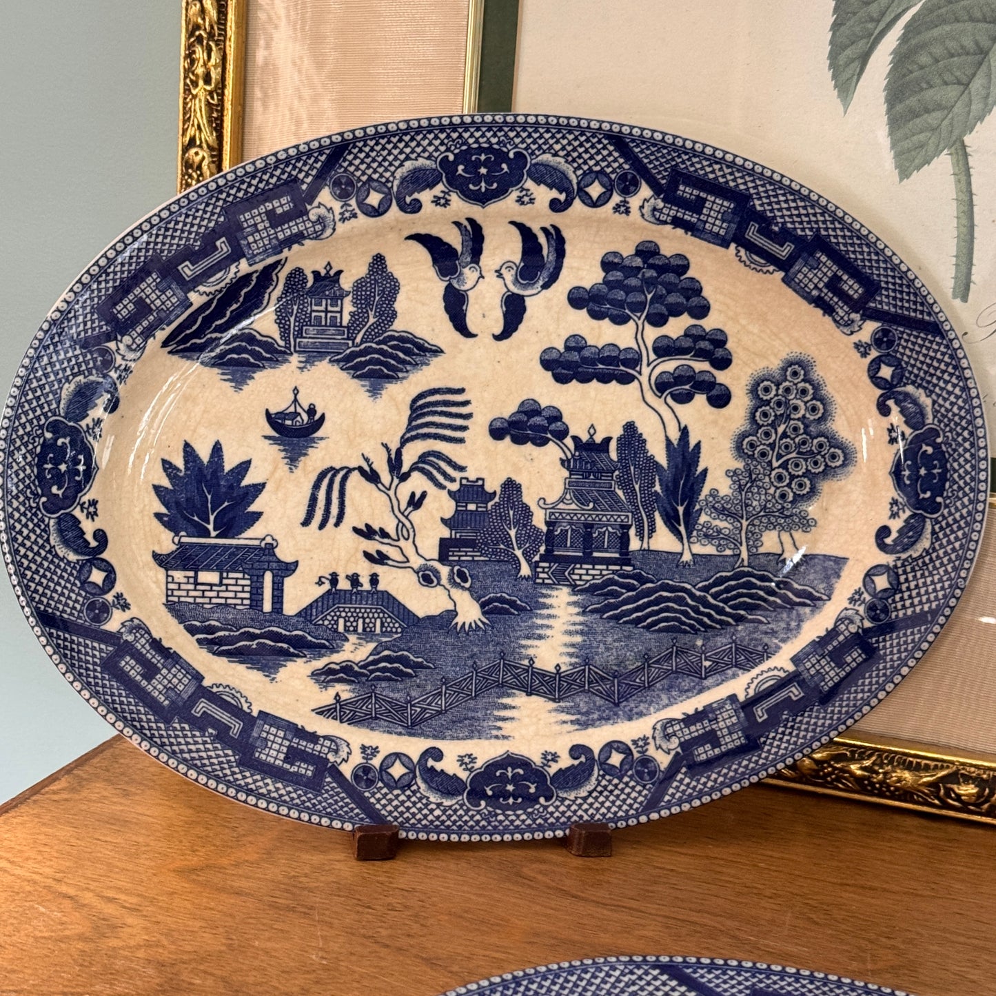 Two Canton Blue Willow Japanese Oval Serving Plates & Ridgways English Creamer