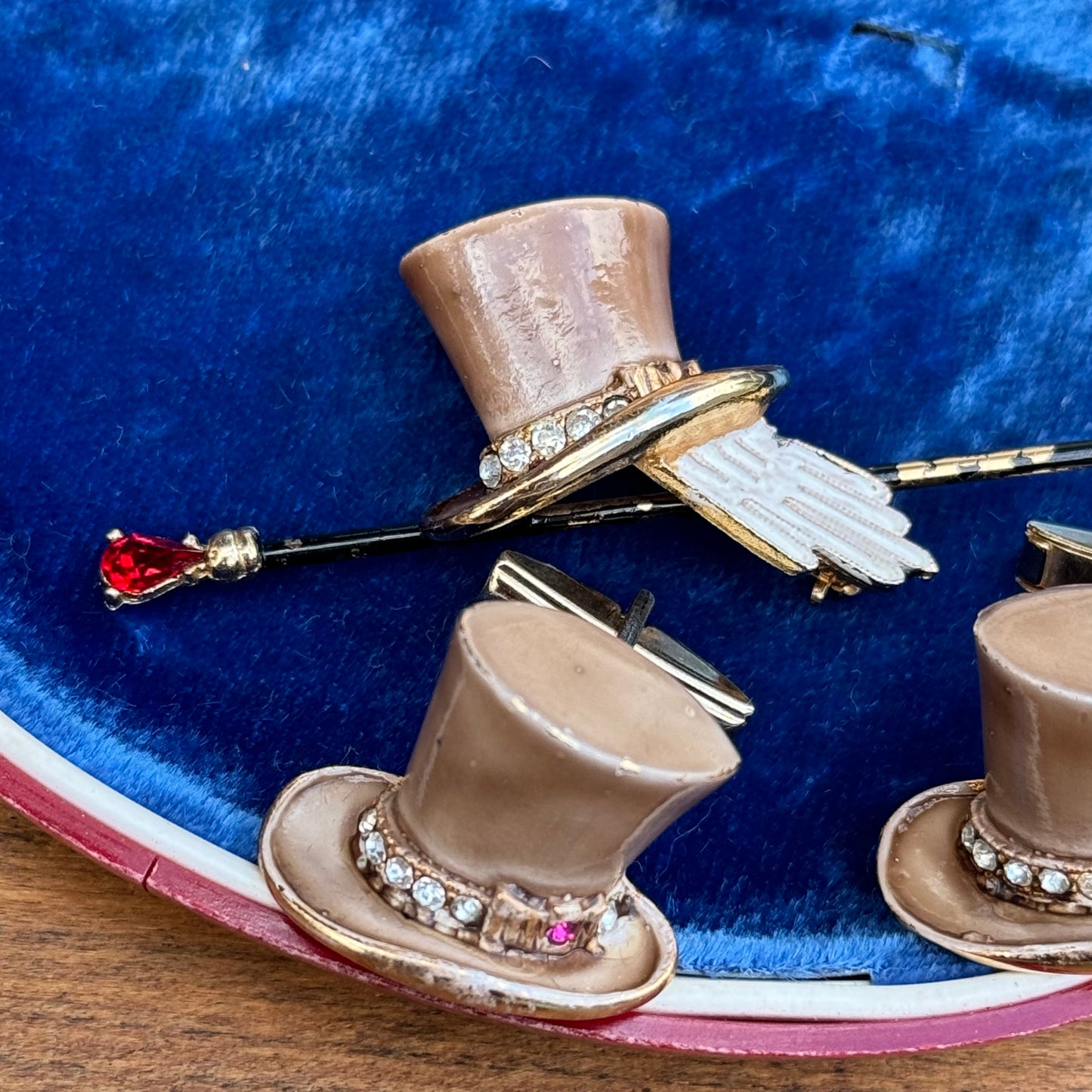 Vintage BSK My Fair Lady Rhinestone Top Hat Pin & Cuff Links Rhinestone Set