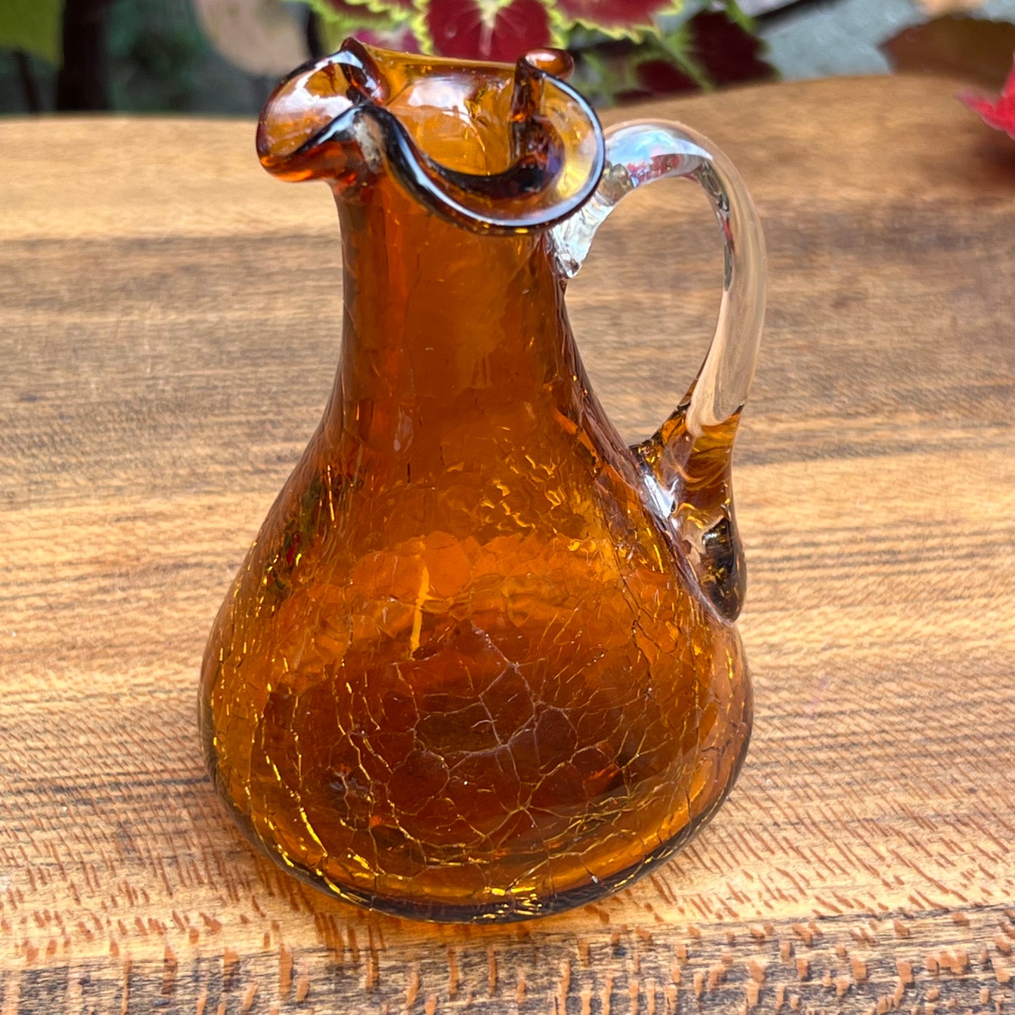 Vintage Pilgrim Amber Crackle Glass Pitcher Vase
