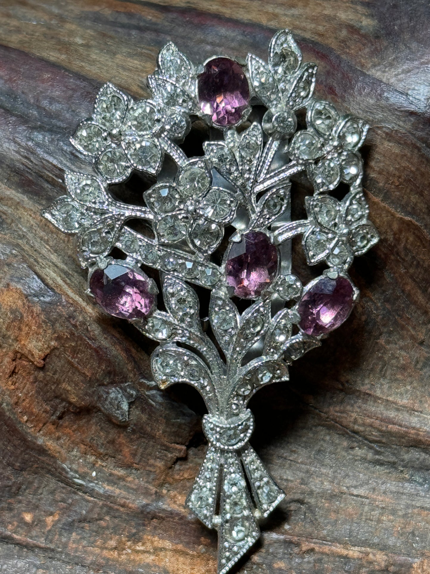 Vintage Floral Bouquet Dress Clip Clear and Soft Purple Rhinestones
