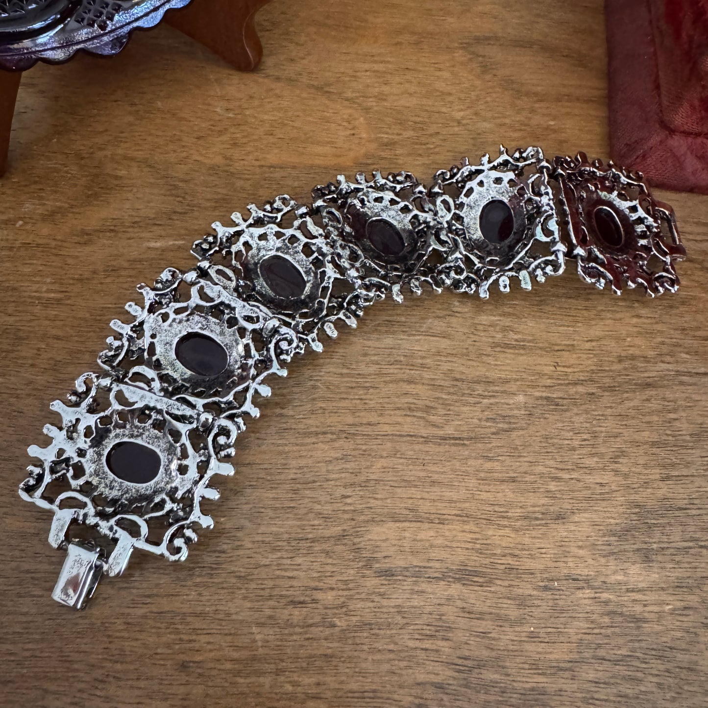 Vintage Red Glass Cabochon Antique Silver Linked Bracelet