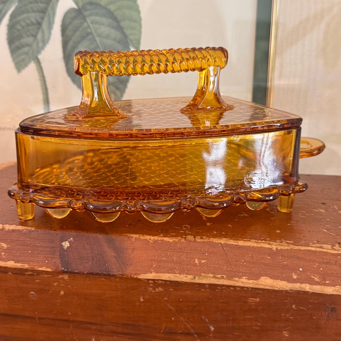 Vintage L.G. Wright Amber Hued Lidded Flat Iron Depression Glass Candy Dish