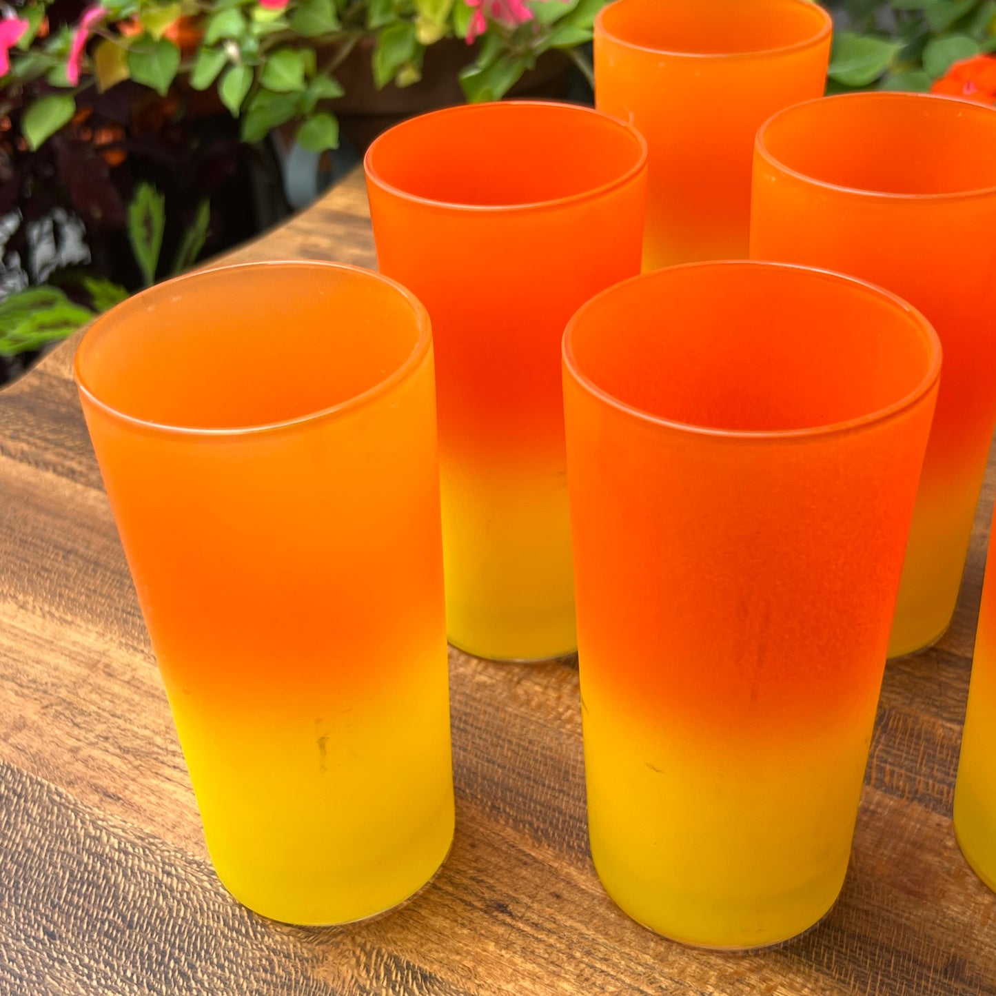 Eight Mid Century Modern Yellow & Orange Candy Corn Beverage Glasses