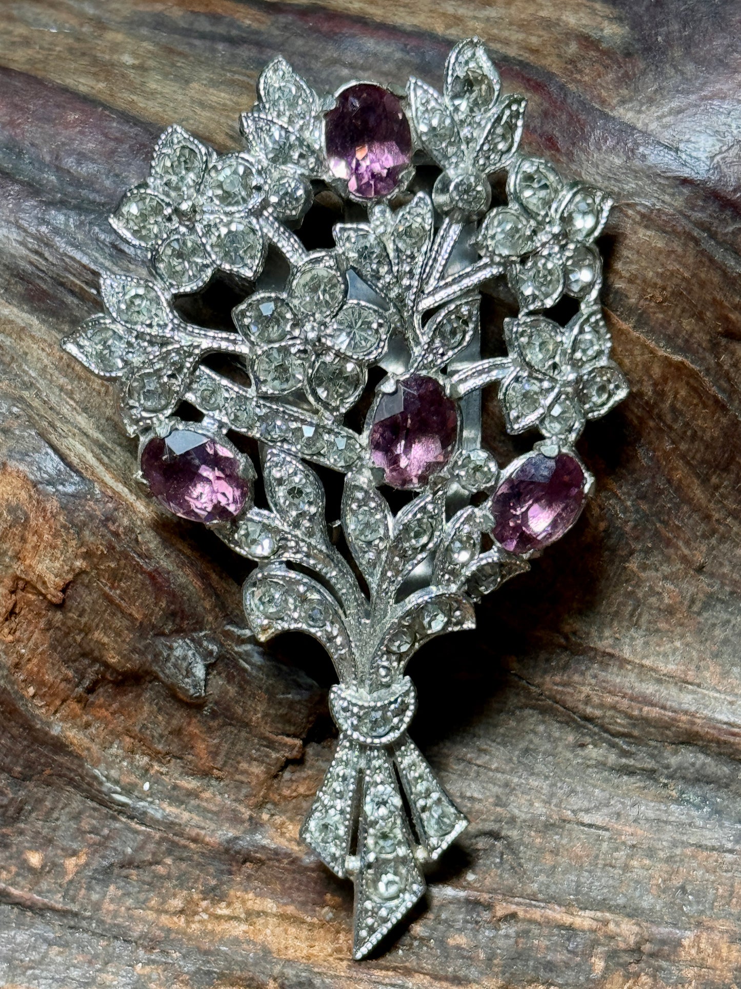 Vintage Floral Bouquet Dress Clip Clear and Soft Purple Rhinestones