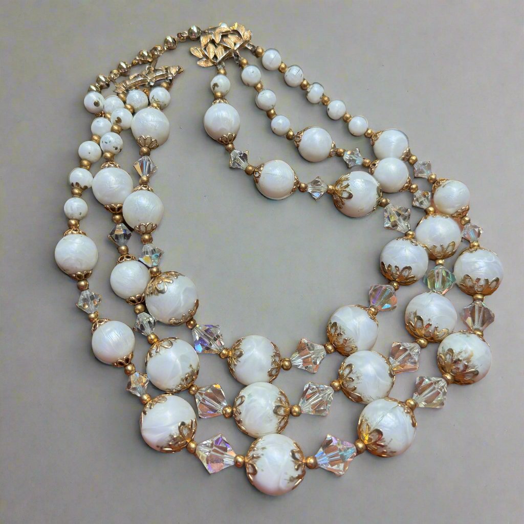 Triple Strand White & Crystal Glass Bead Necklace