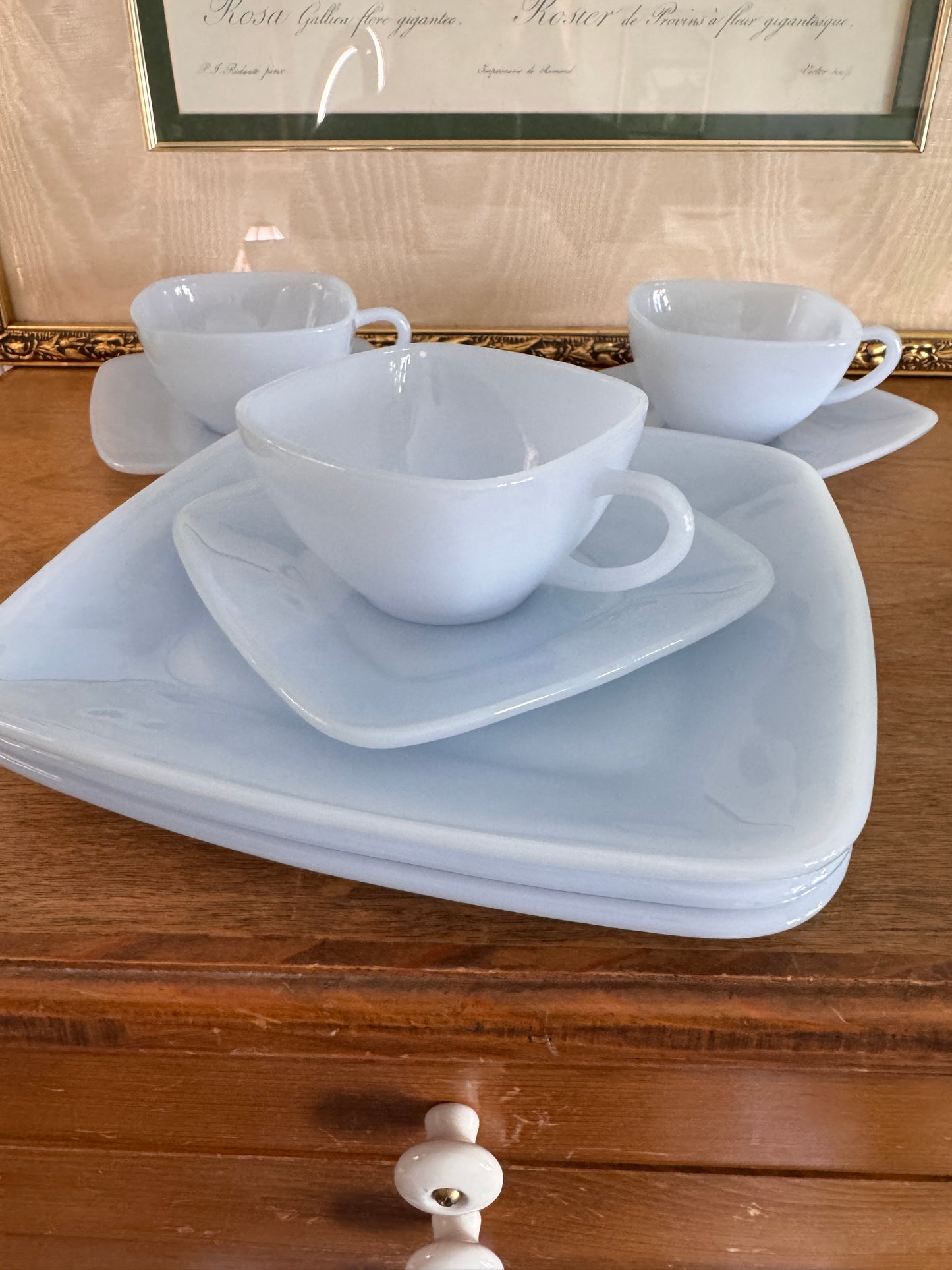 MCM Fire King Blue Azurite Three Tea Cups, Saucers and Salad Plates