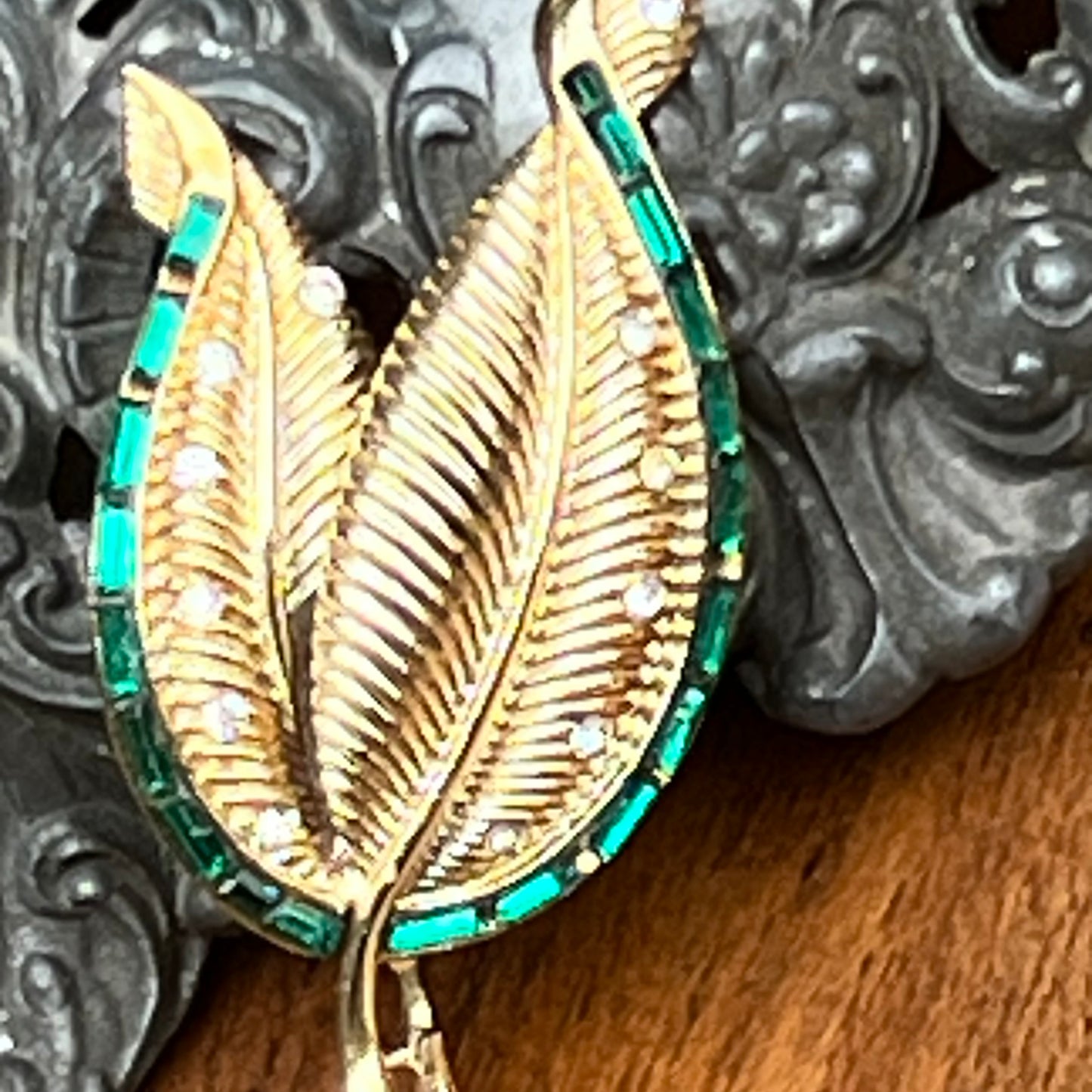 Vintage Coro Pegasus Green & Clear Rhinestone Pin