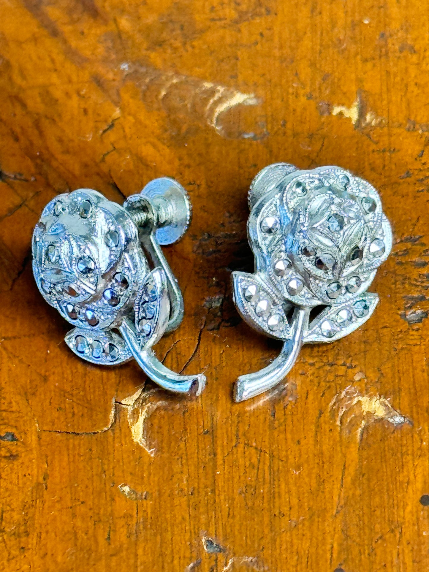 Vintage Sterling Silver & Marcasite Rose Earrings