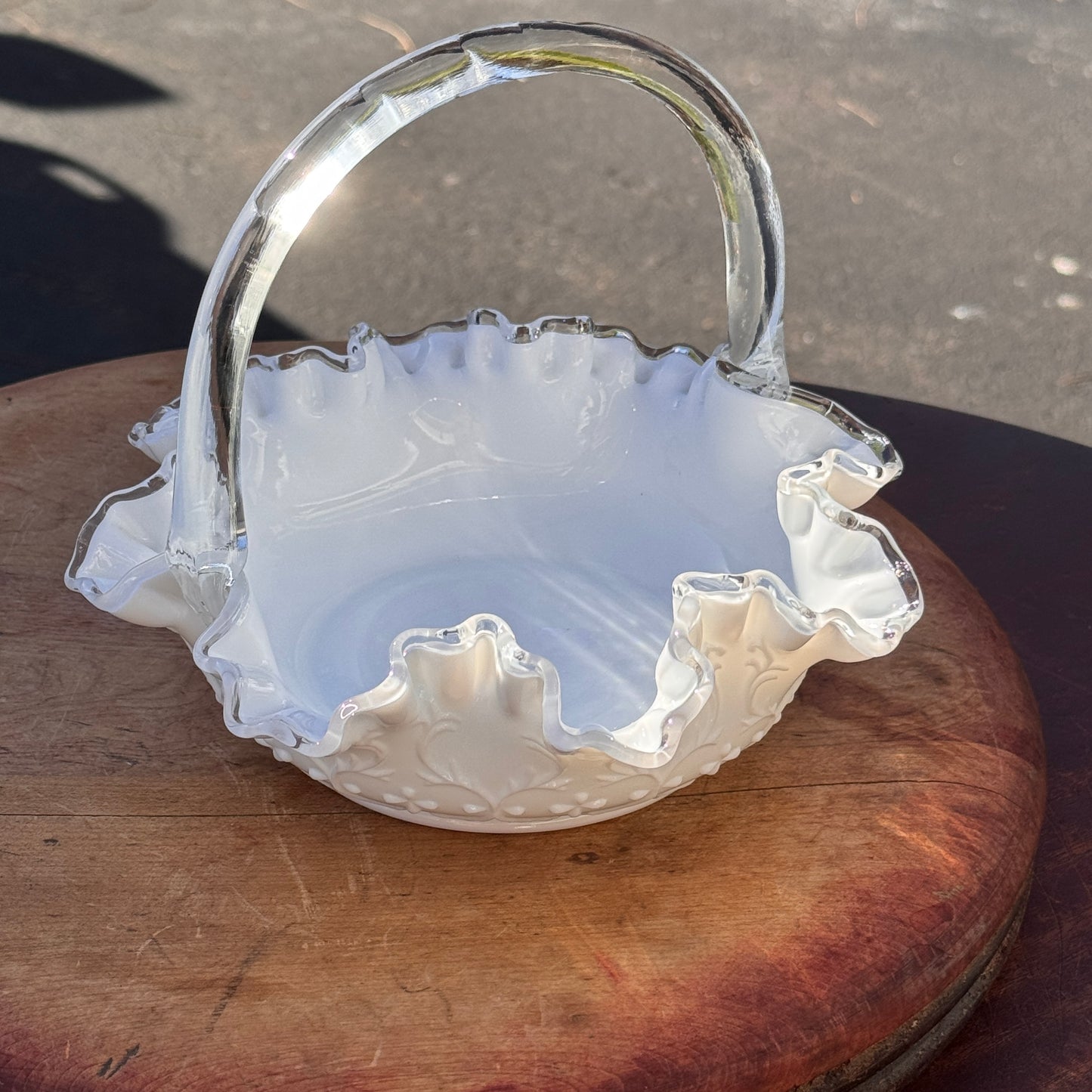 Vintage Fenton White Ruffled Silver Crest Spanish Lace Glass Basket