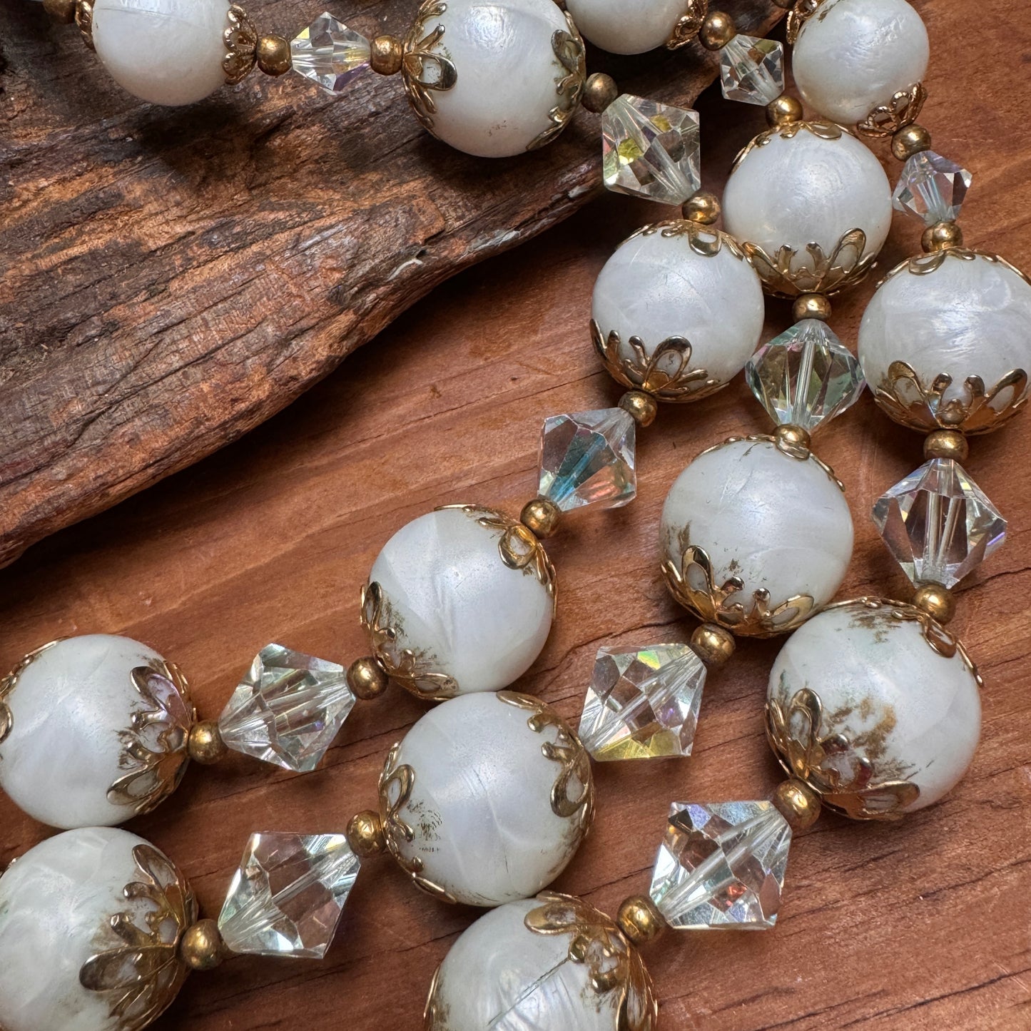 Triple Strand White & Crystal Glass Bead Necklace