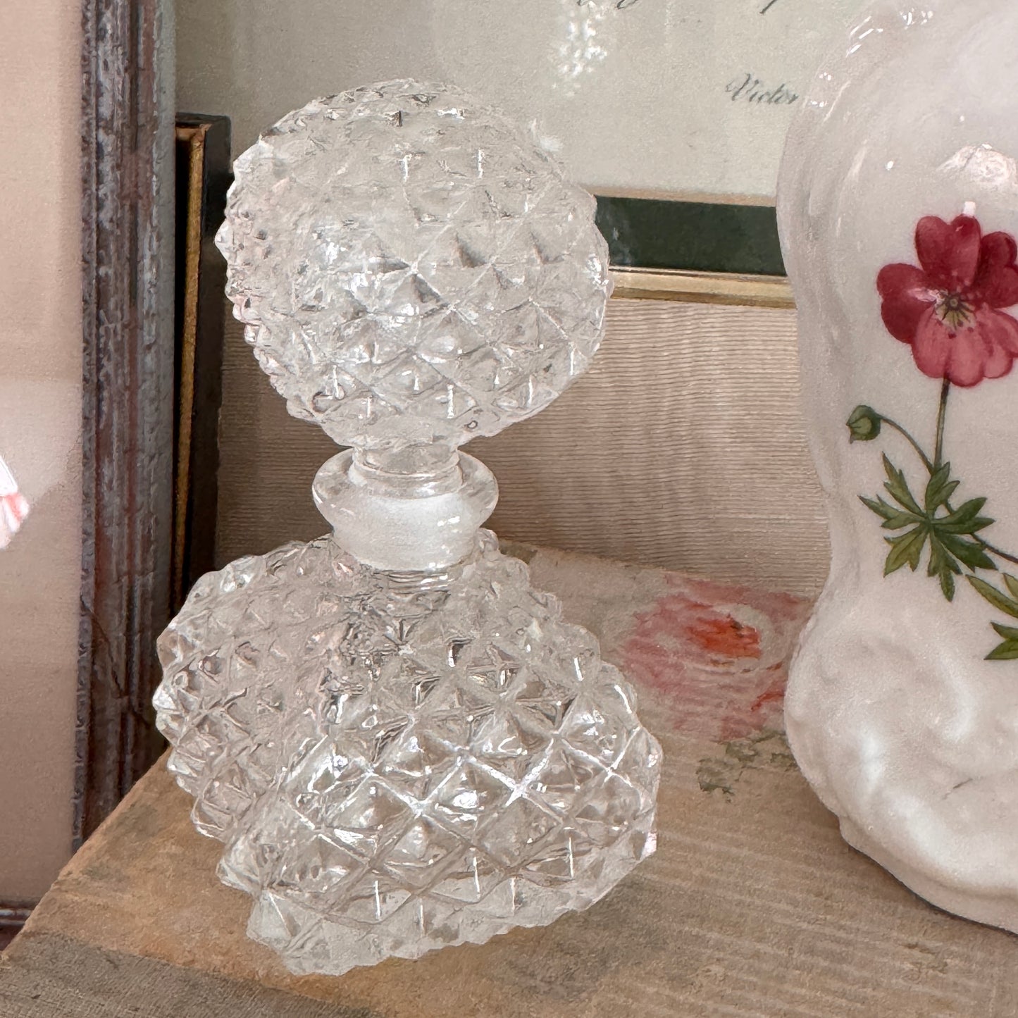 Vintage Diamond Pattern Glass Perfume Bottle and Stopper
