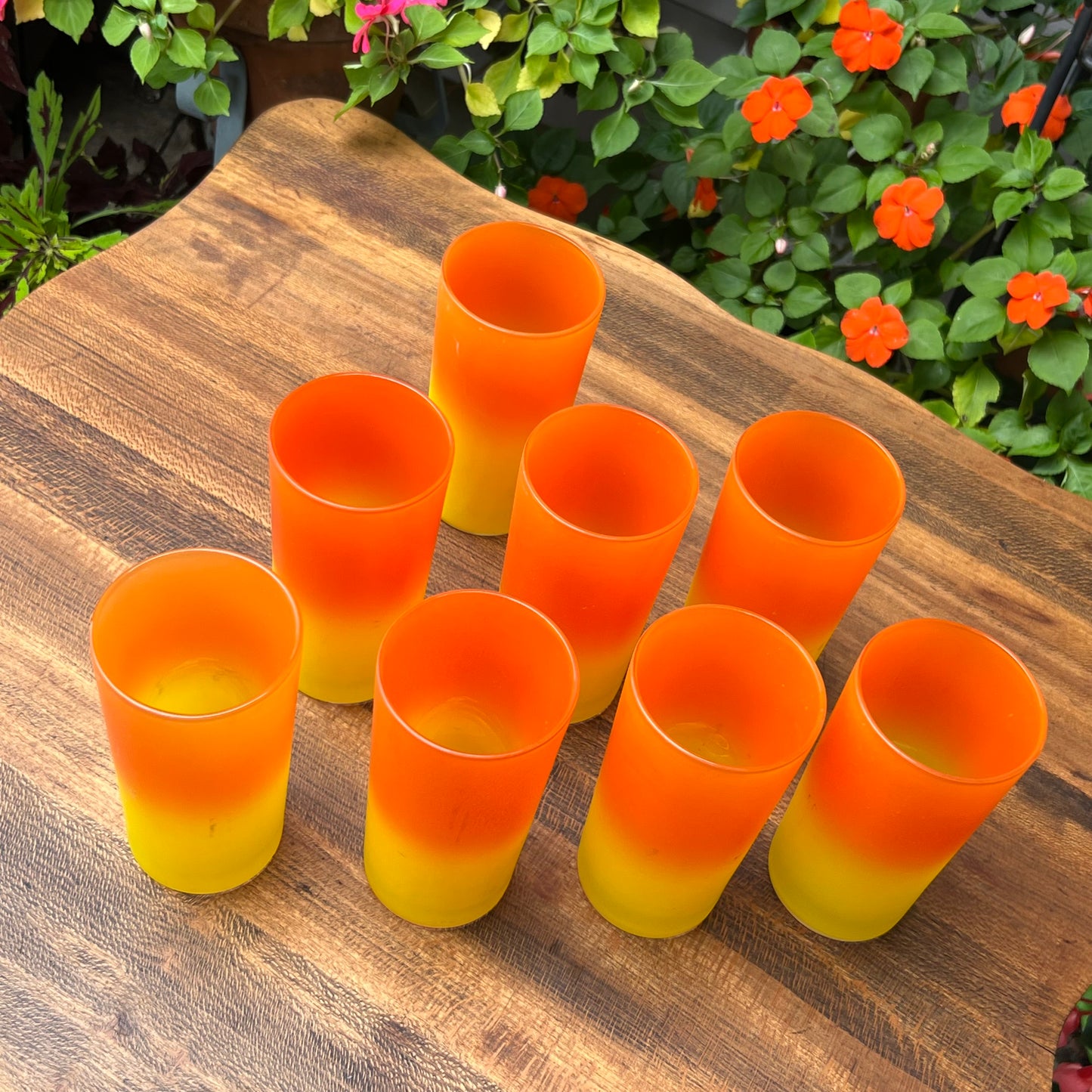 Eight Mid Century Modern Yellow & Orange Candy Corn Beverage Glasses