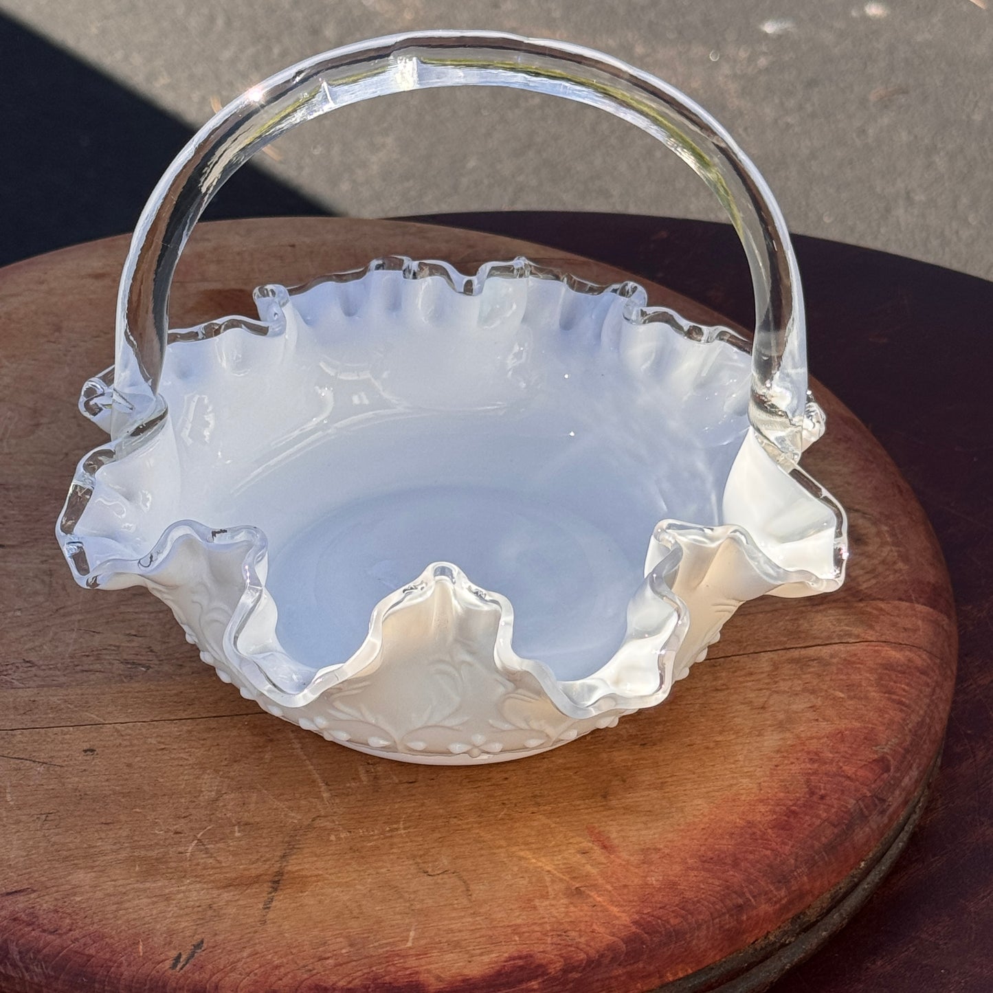 Vintage Fenton White Ruffled Silver Crest Spanish Lace Glass Basket