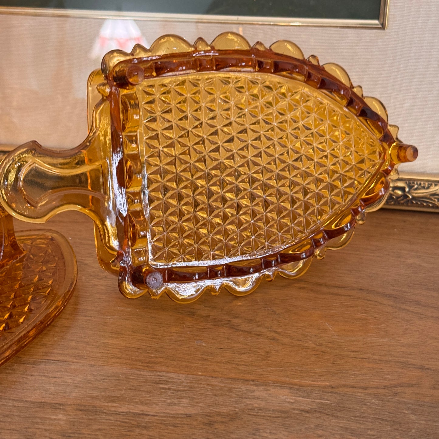 Vintage L.G. Wright Amber Hued Lidded Flat Iron Depression Glass Candy Dish