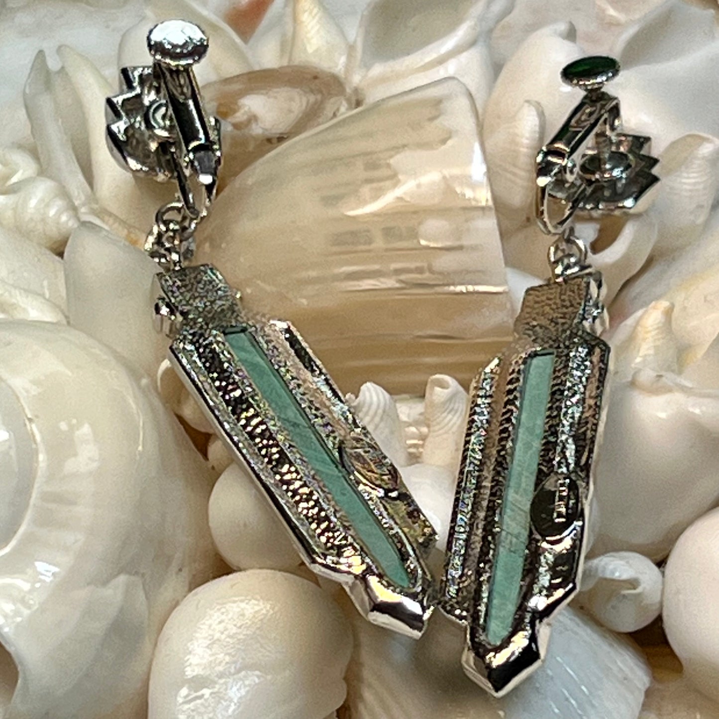 Vintage Yamada Tokyo Malachite & Rhinestone Dangling Earrings