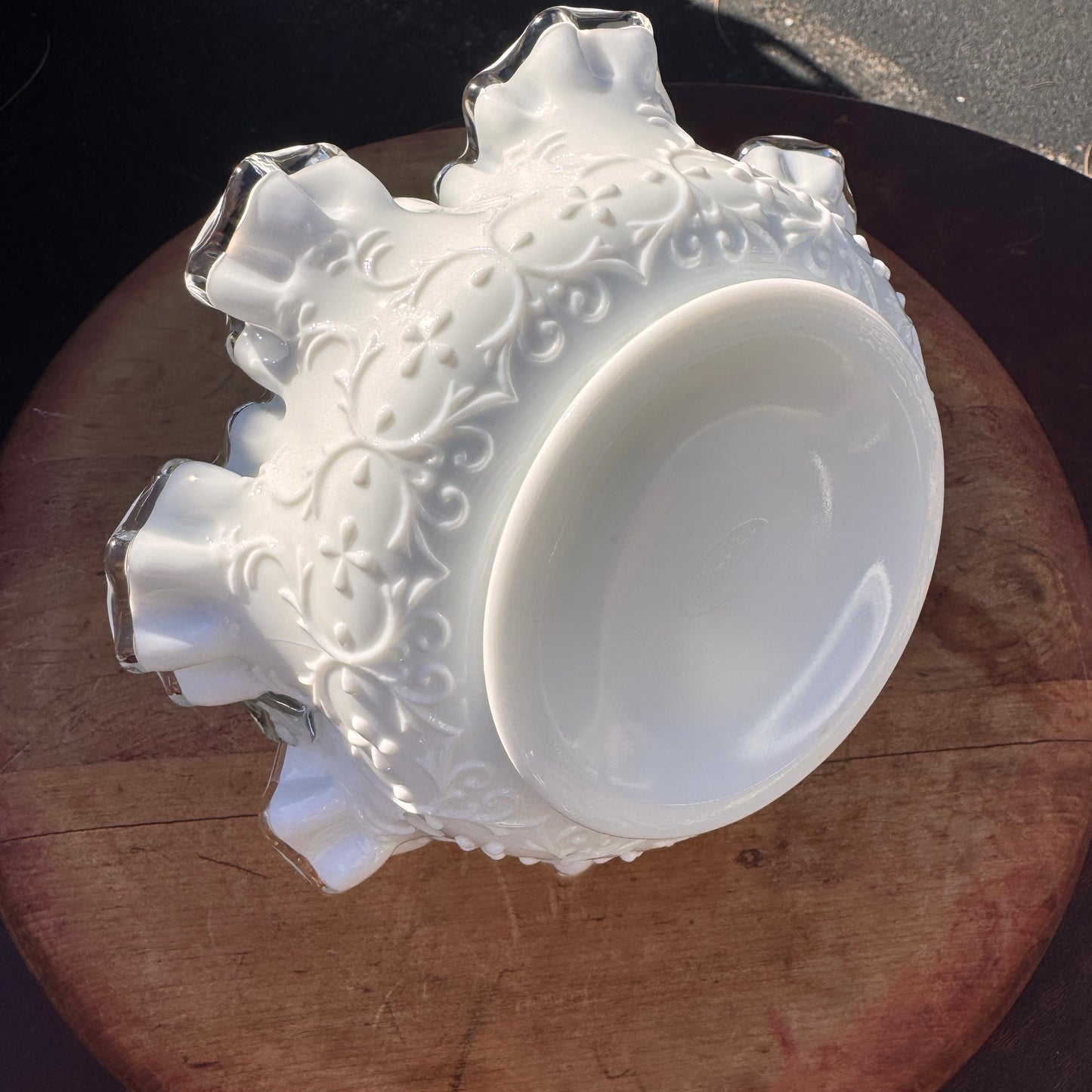 Vintage Fenton White Ruffled Silver Crest Spanish Lace Glass Basket