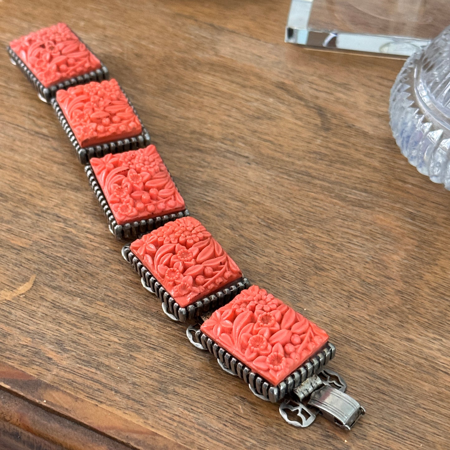 Vintage Hefty Coral Hued Floral Chunky Celluloid Linked Book Chain Bracelet