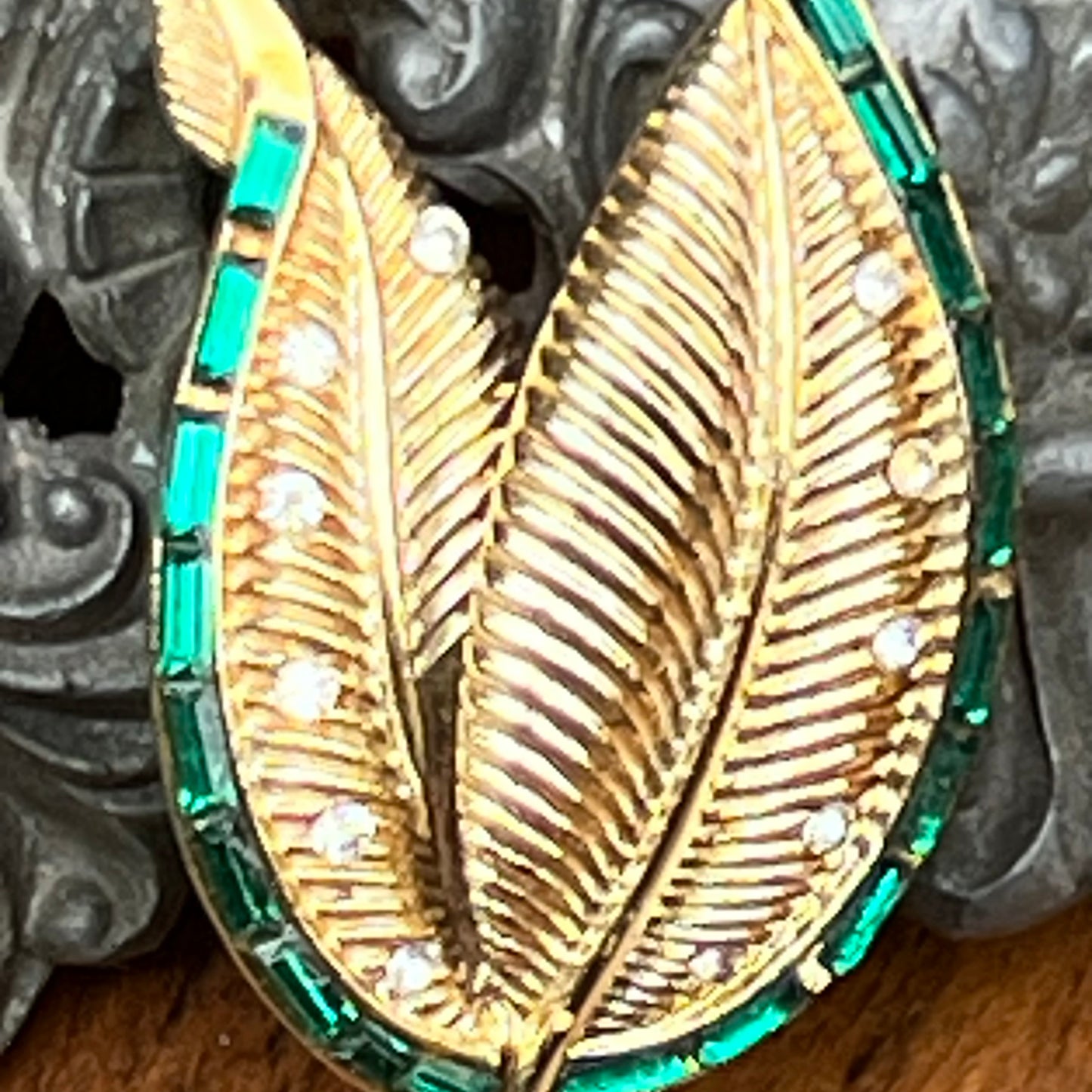 Vintage Coro Pegasus Green & Clear Rhinestone Pin