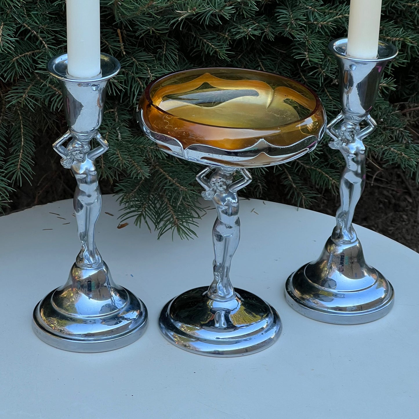 Art Nouveau Cambridge Farberware Nude Amber Compote & Matching Candle Holders