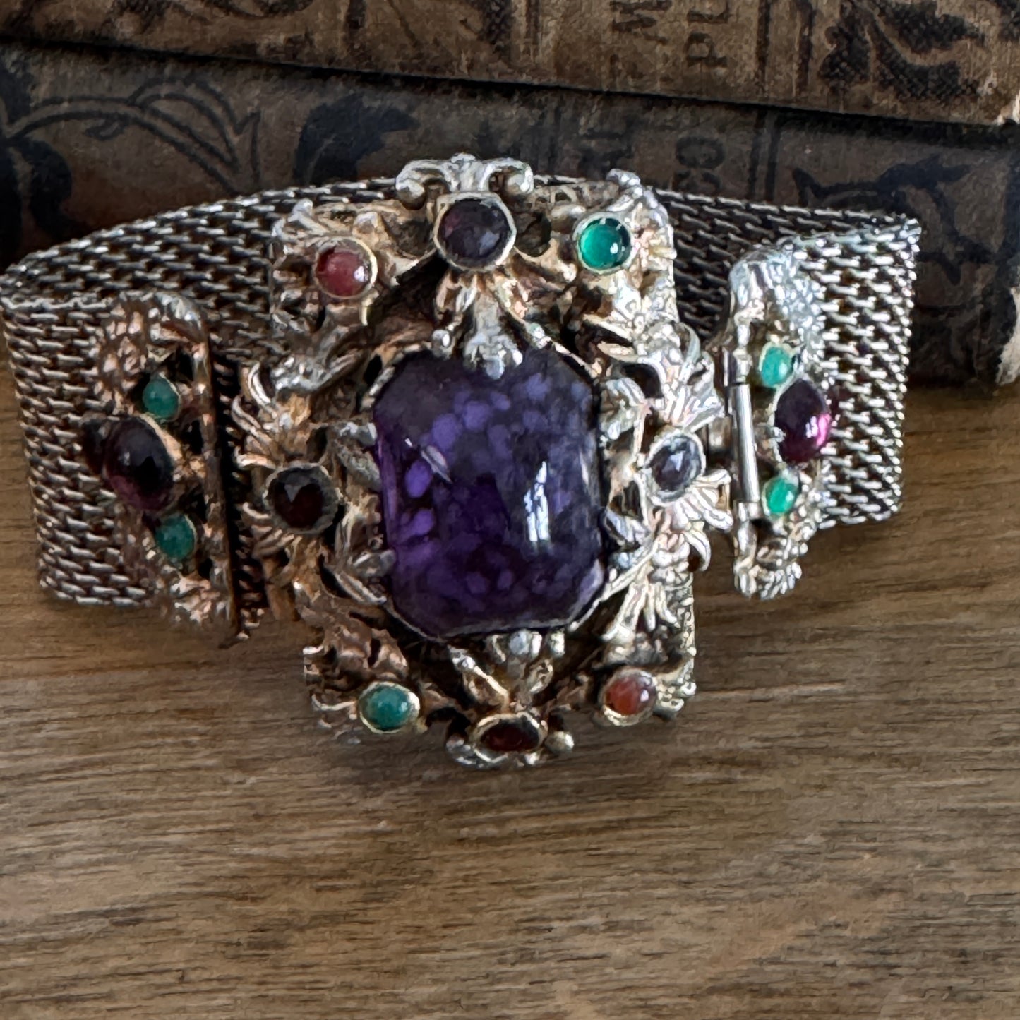 Vintage Czech Regal Purple Art Glass Cabochon Mesh Bracelet