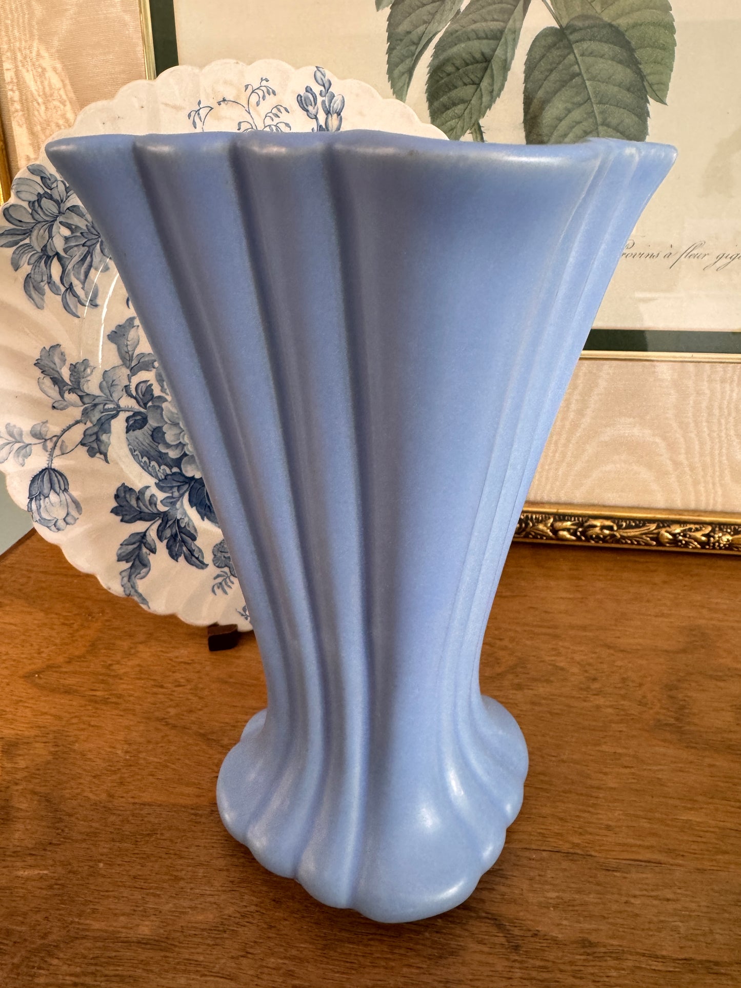 Vintage Blue Pottery Ribbed Vase
