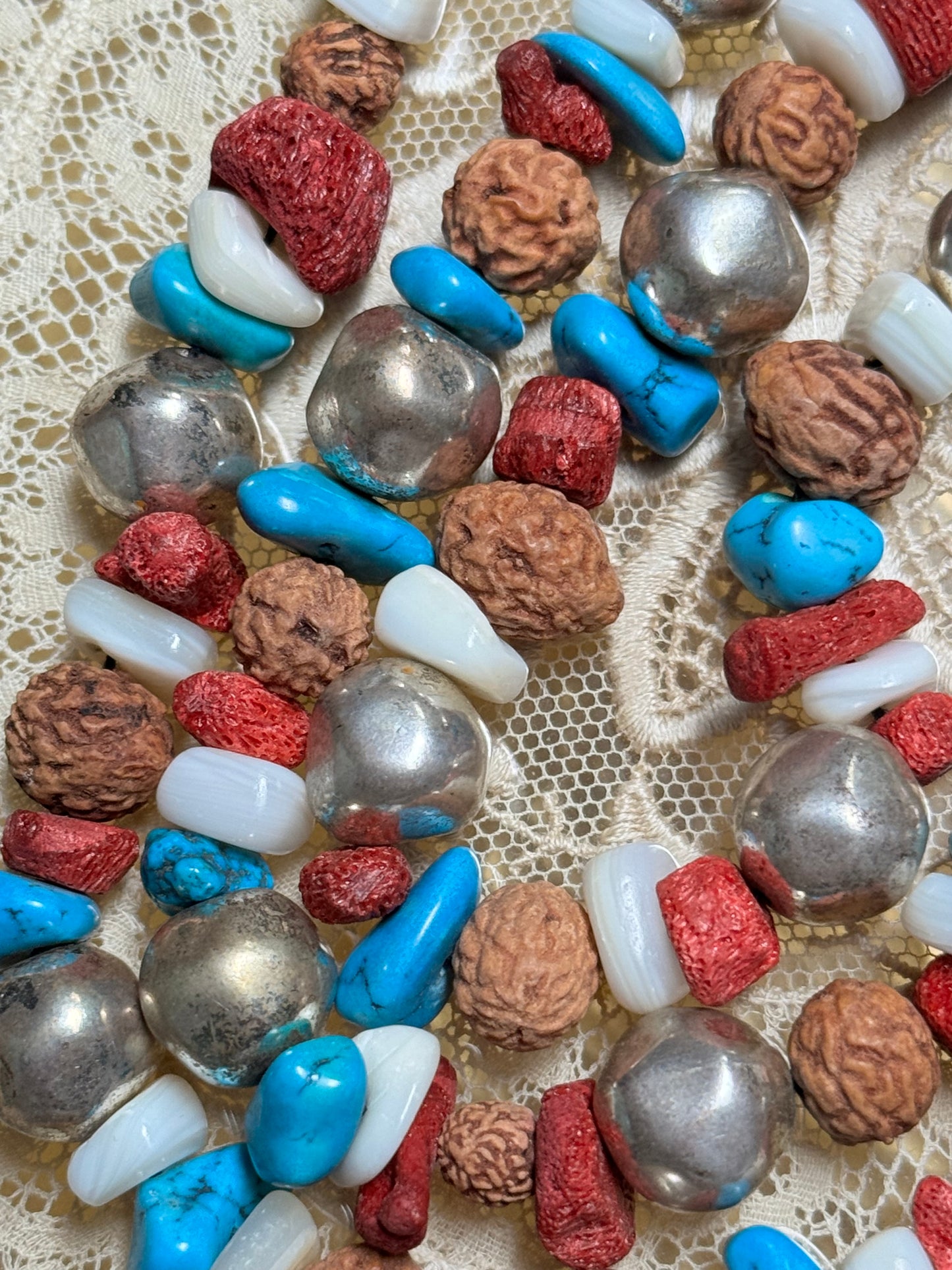 Vintage Turquoise, Red Branch Coral, Mother of Pearl, Silver & Nut Bead Necklace